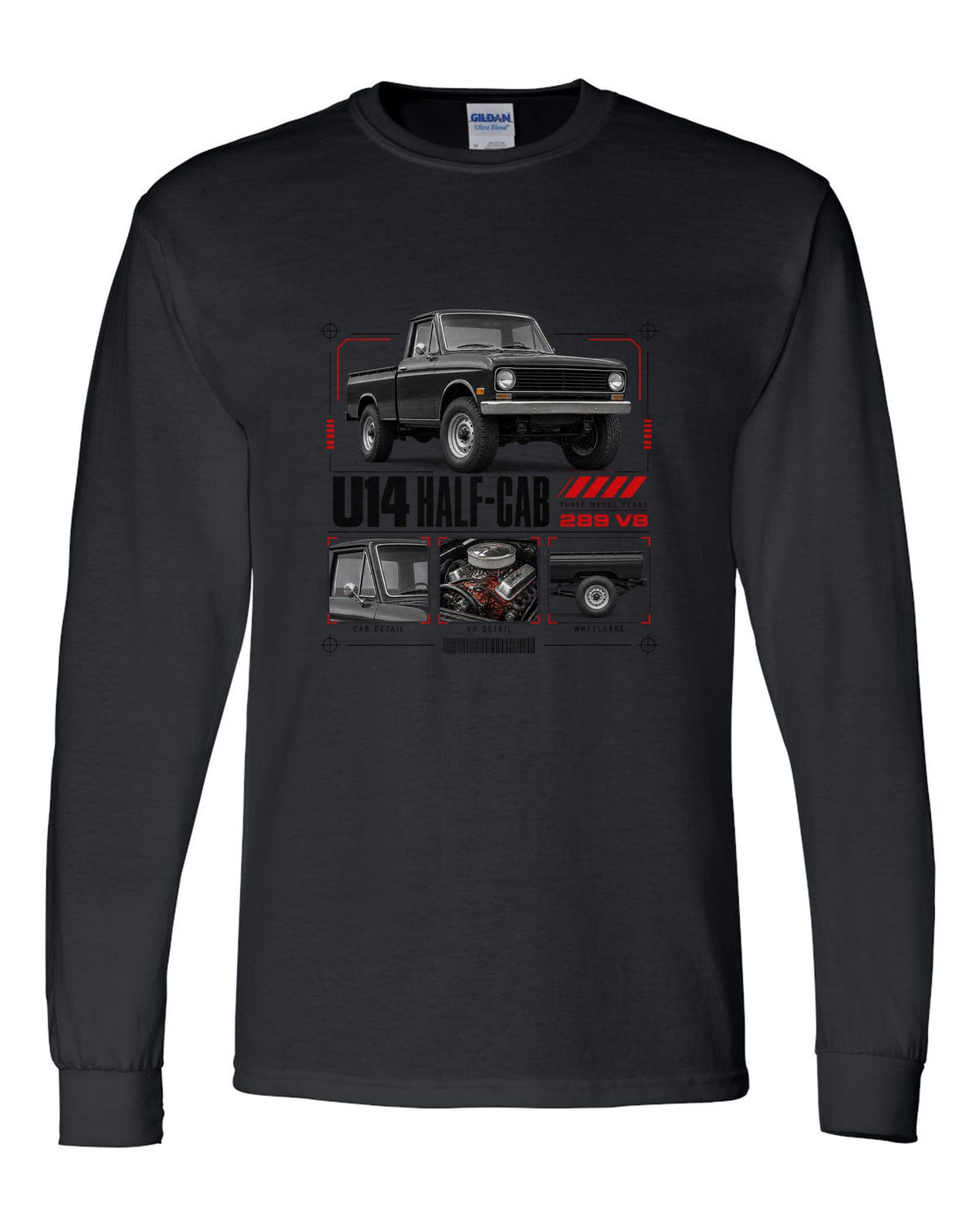 Ford Early Bronco U14 half-cab dossier panel print with 289 V8 and three model years black long sleeve front view with the design