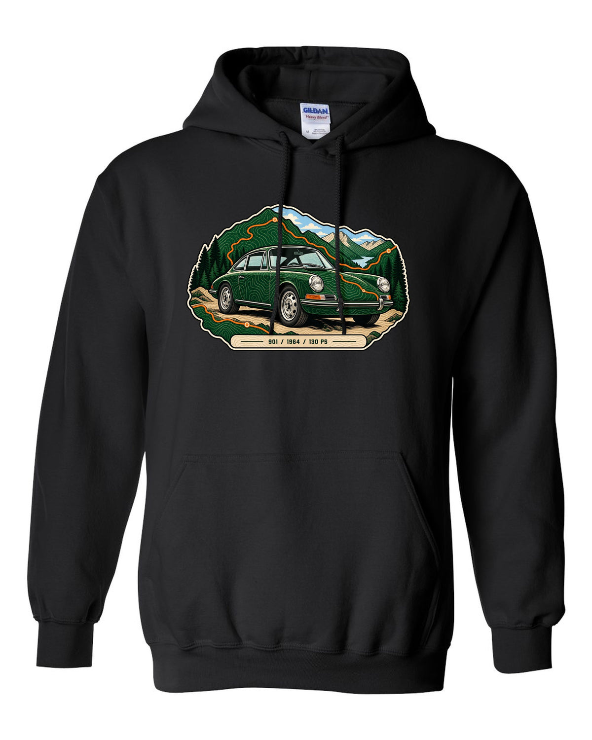 Porsche 993 RS engine bay data plate spec sheet design with 3.8 and 300 PS text black pull over hoodie front view with the design