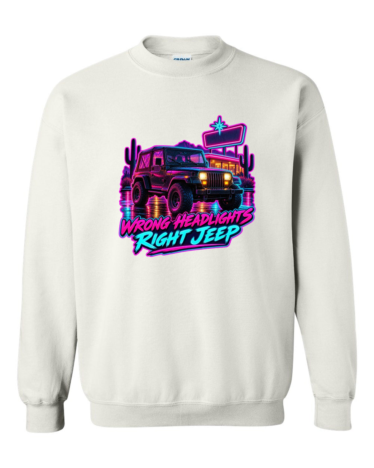 Synthwave diner scene illustration of a Jeep Wrangler YJ with WRONG HEADLIGHTS RIGHT JEEP lettering white crewneck front view with the design