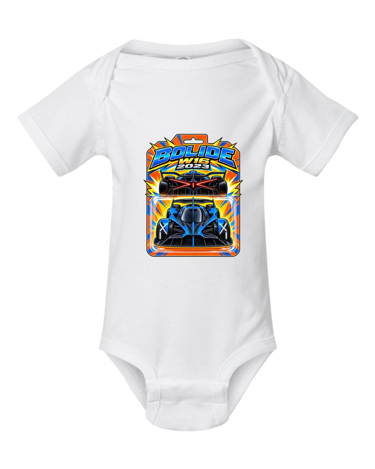 Hot Wheels-style toy blister card illustration of the Bugatti Bolide with BOLIDE W16 2023 lettering white baby onesie front view with the design