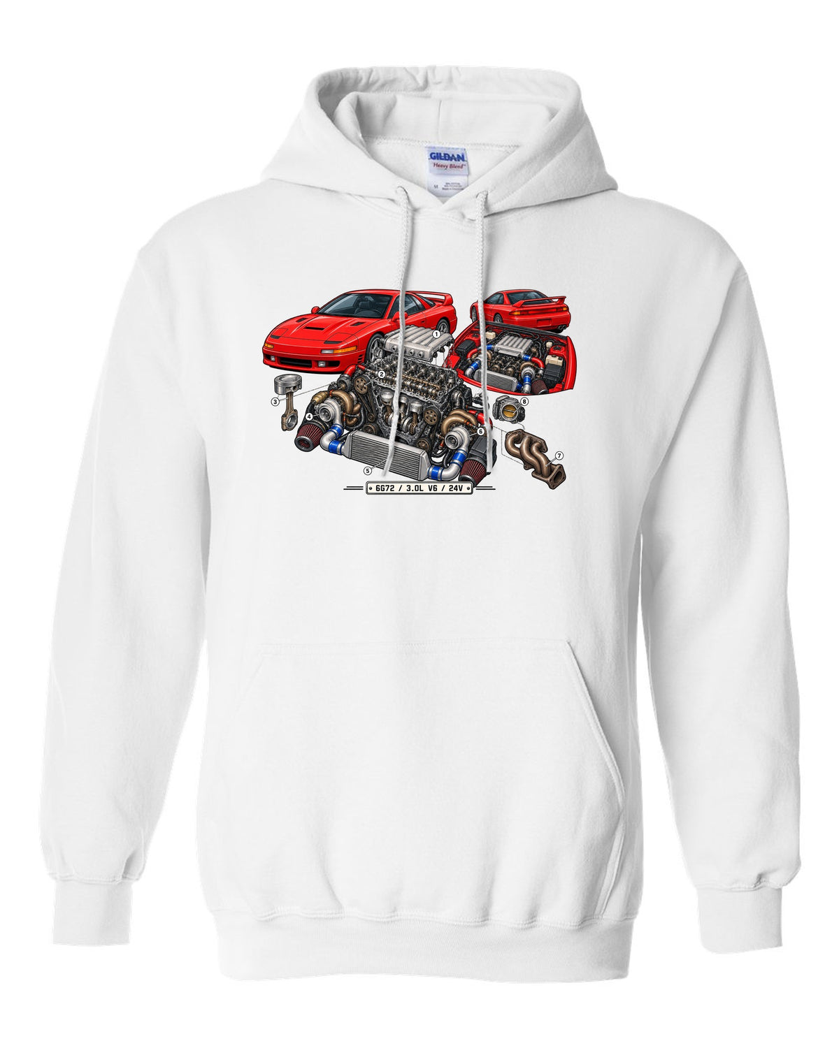 Exploded engine cutaway print of the 6G72 V6 for the Mitsubishi 3000GT VR-4 with 3.0L 24V text white pull over hoodie front view with the design