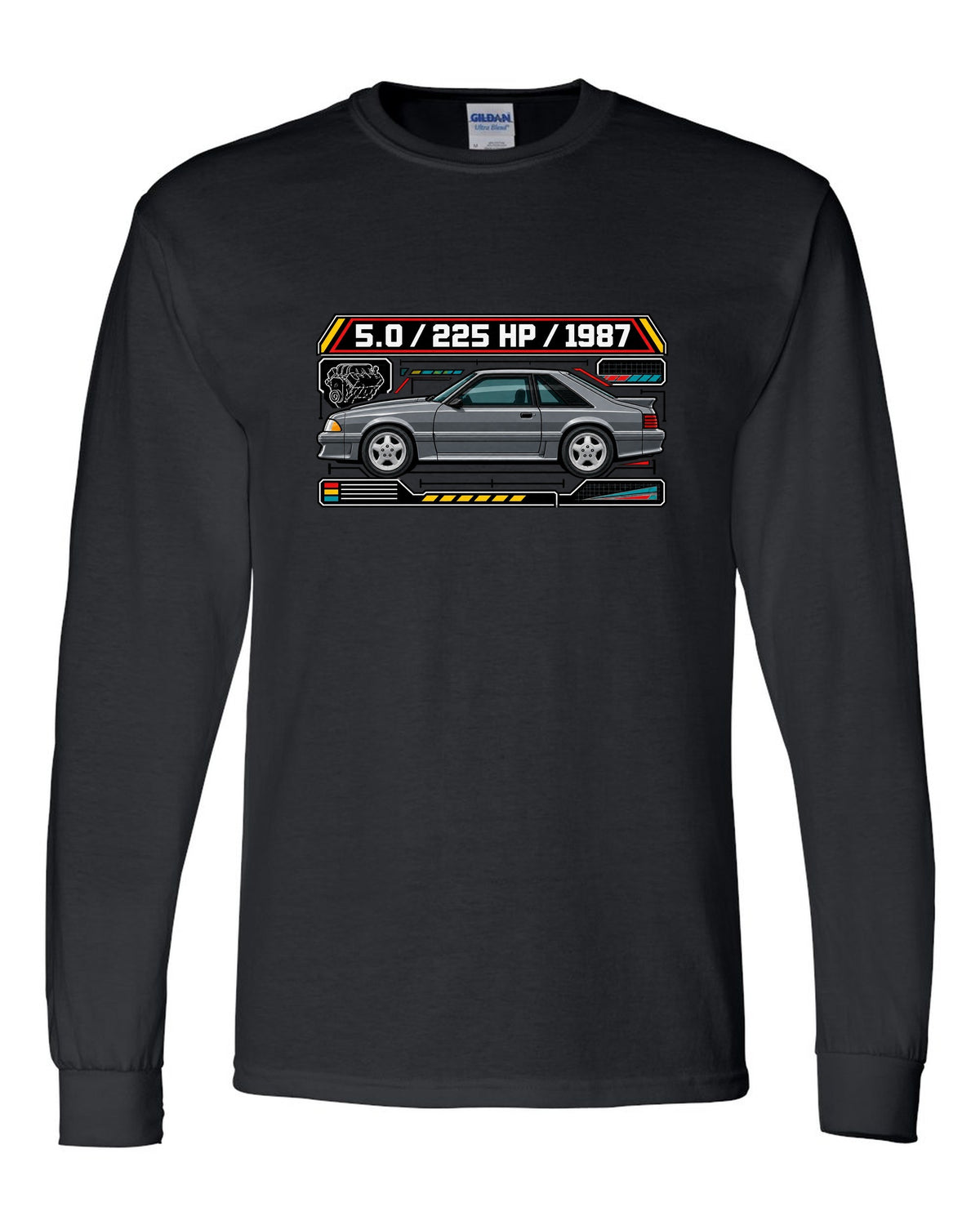 Spec-sheet data plate print of a 1987 Ford Mustang Fox Body GT chback black long sleeve front view with the design