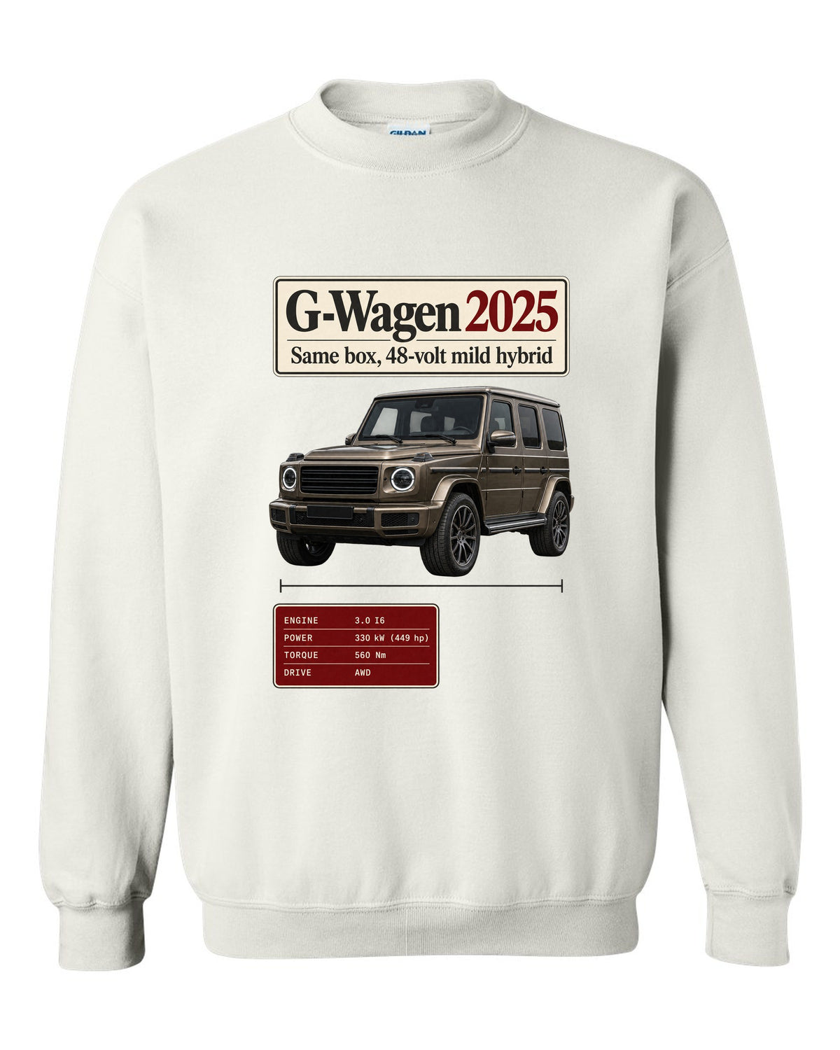 Archive panel print of a 2025 Mercedes-AMG G63 W463A facelift white crewneck front view with the design