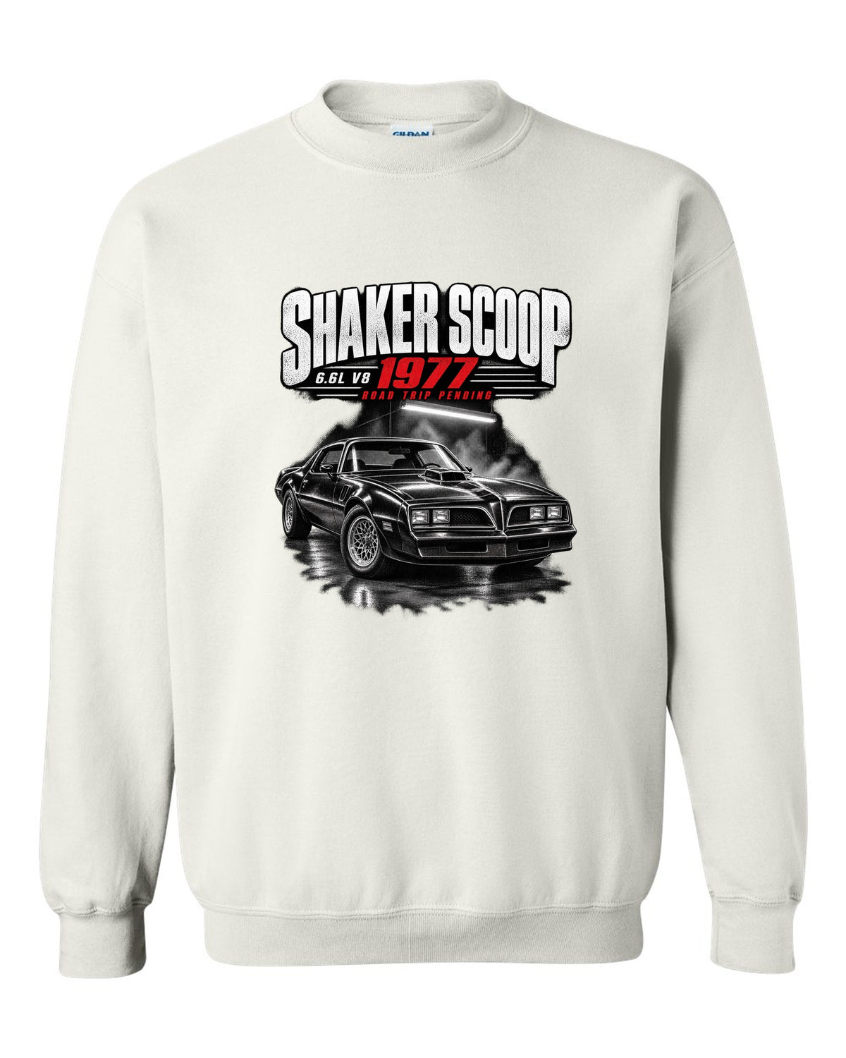 Garage night print of a 1977 Pontiac Firebird Trans Am with shaker scoop white crewneck front view with the design