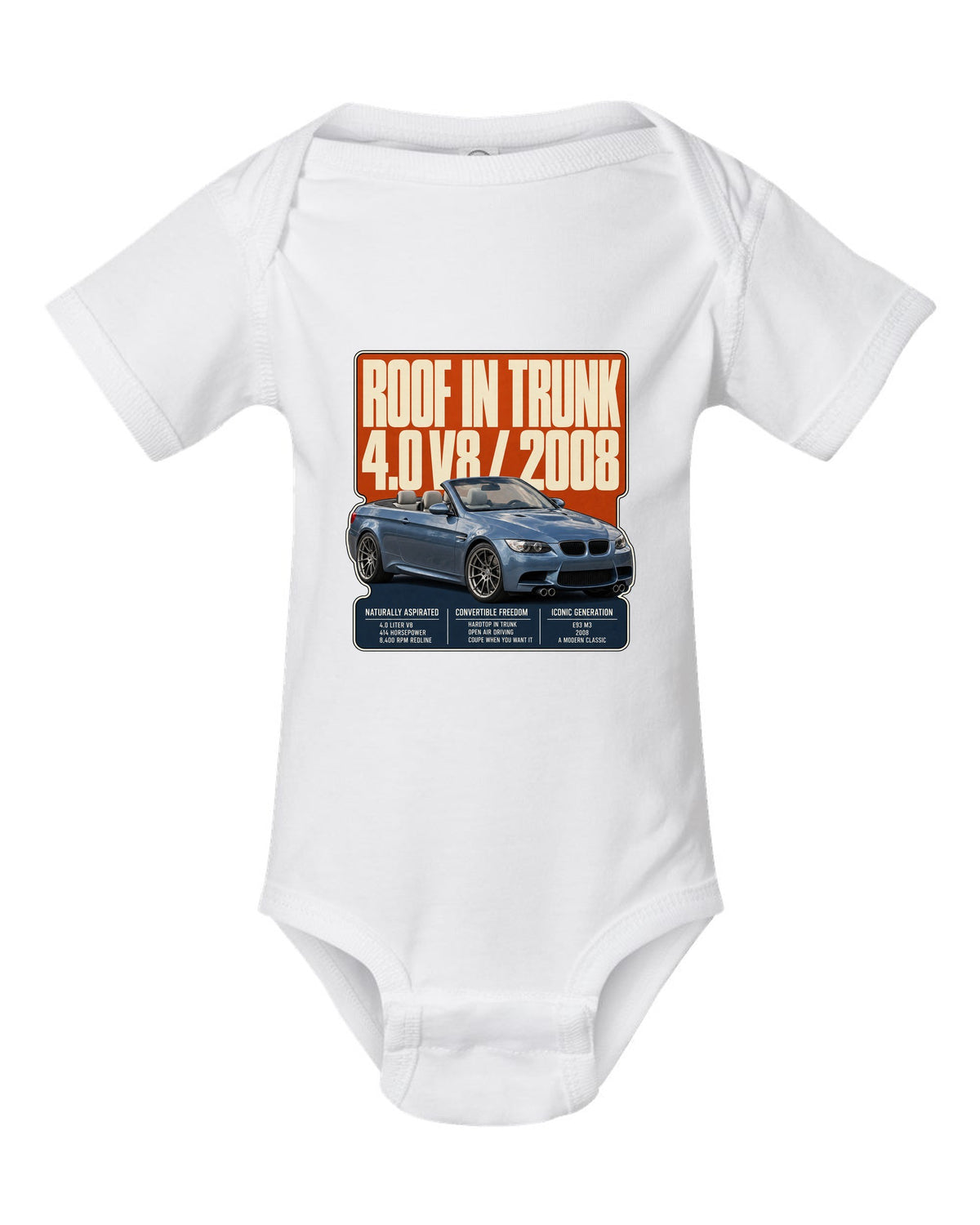 BMW M3 E93 convertible editorial headline print white baby onesie front view with the design