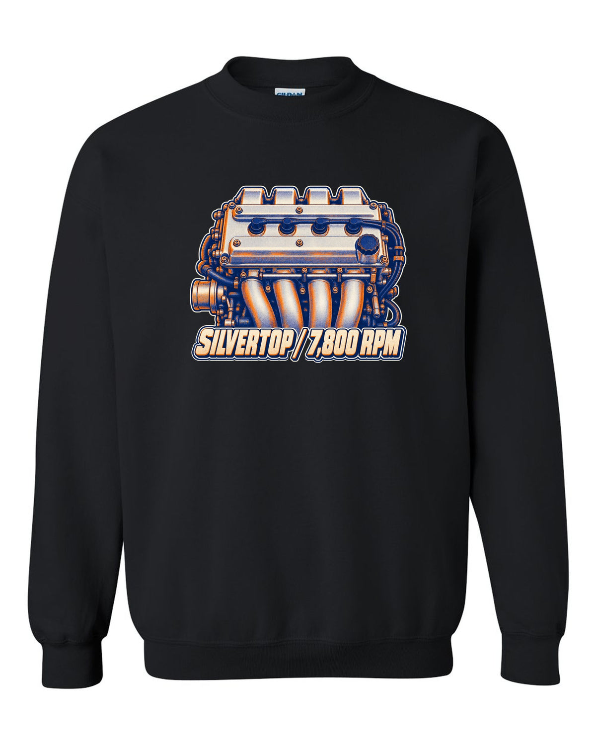 Two-colour risograph macro of the silvertop engine in the Toyota Corolla AE101 black crewneck front view with the design