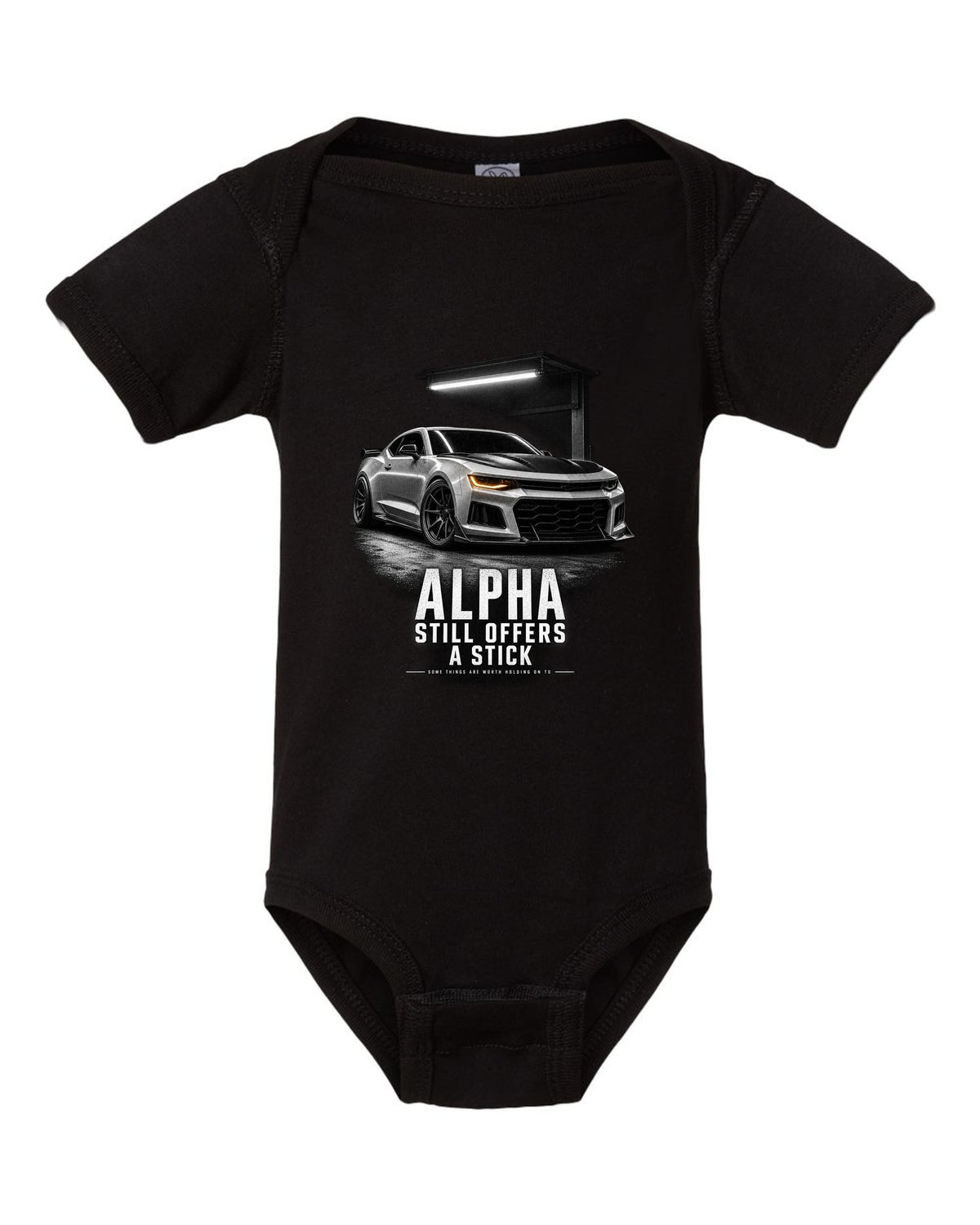 Garage-night print of a 2018 Chevrolet Camaro SS 1LE sixth-gen front three-quarter with Alpha text black baby onesie front view with the design