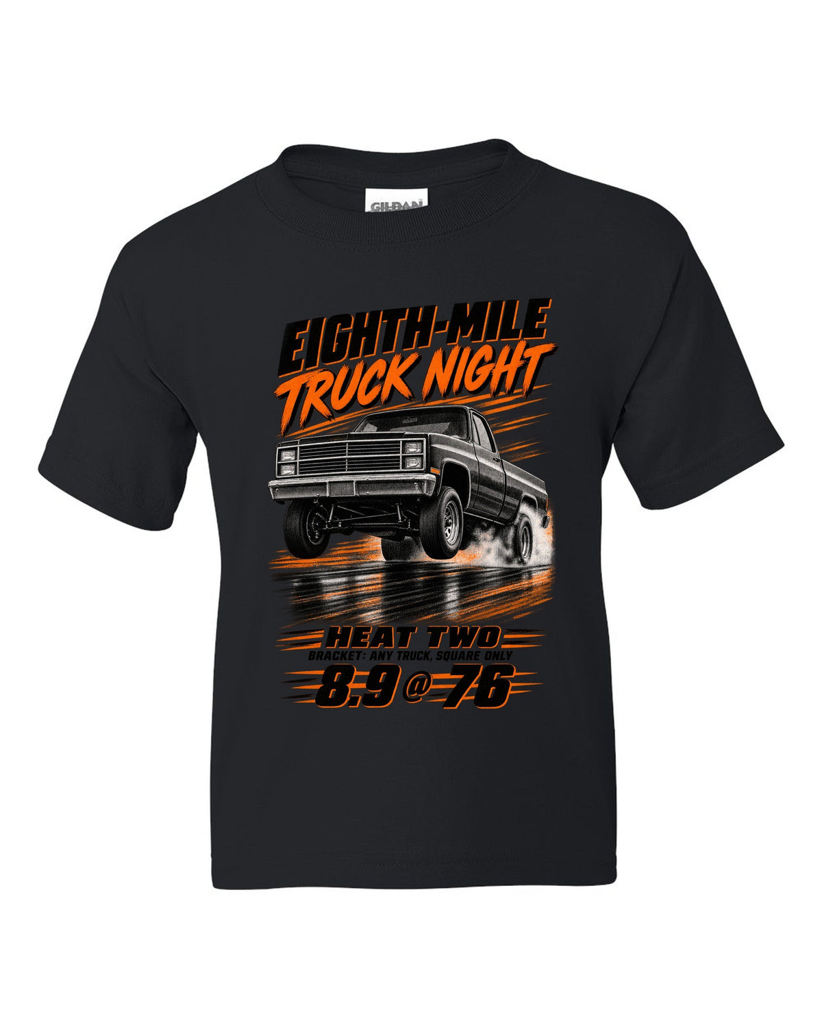 Squarebody C10 eighth-mile race poster print black kids tee front view with the design