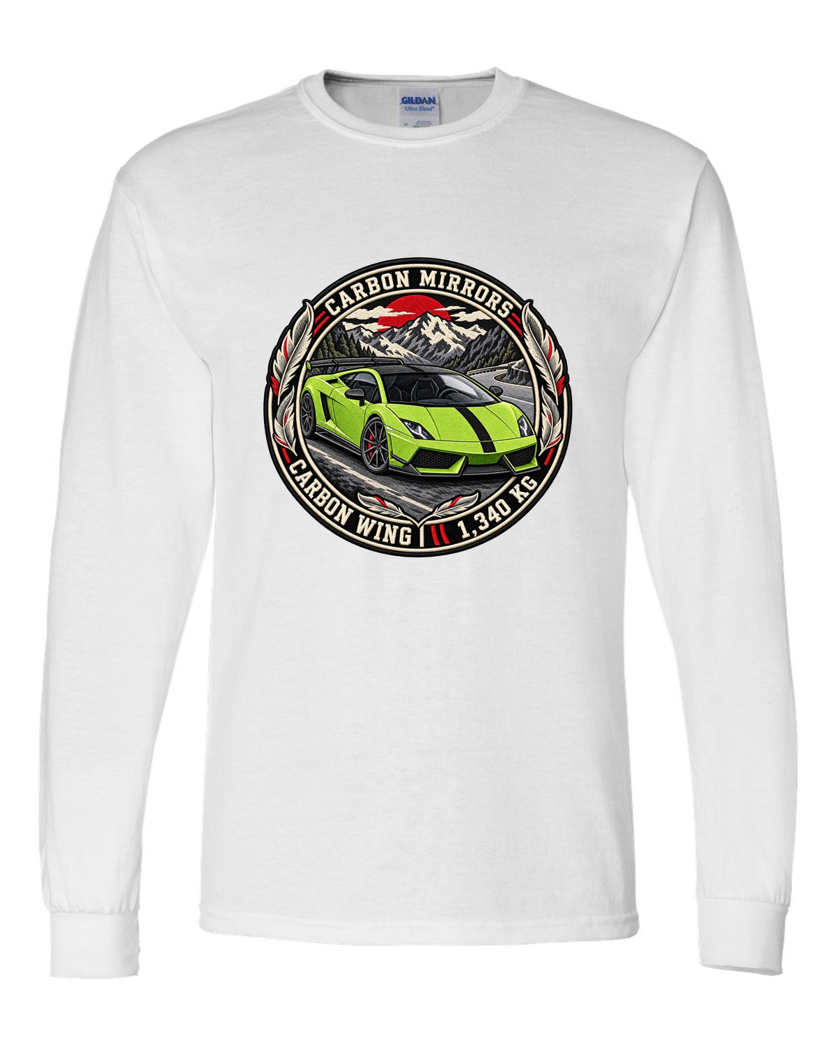 Round embroidery-style crest of a Lamborghini Gallardo LP570-4 Superleggera with carbon mirrors and wing text white long sleeve front view with the design
