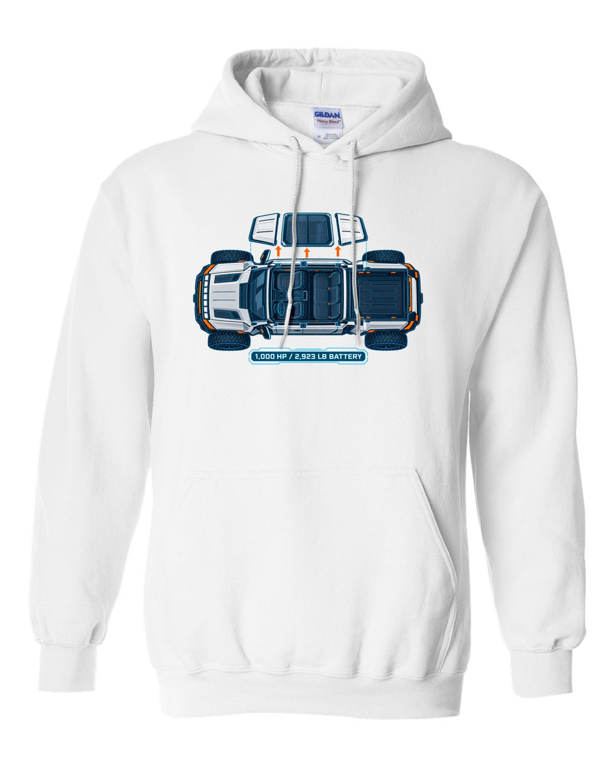 GMC Hummer EV roof panels shown as a white and cyan blueprint with 1,000 HP and battery weight white pull over hoodie front view with the design