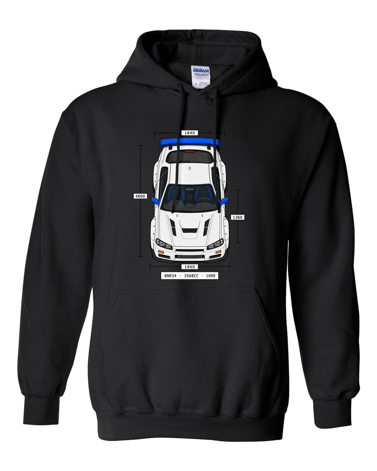 Spec-sheet data plate print reading BNR34 2568cc 1999 for the Nissan Skyline GT-R R34 black pull over hoodie front view with the design