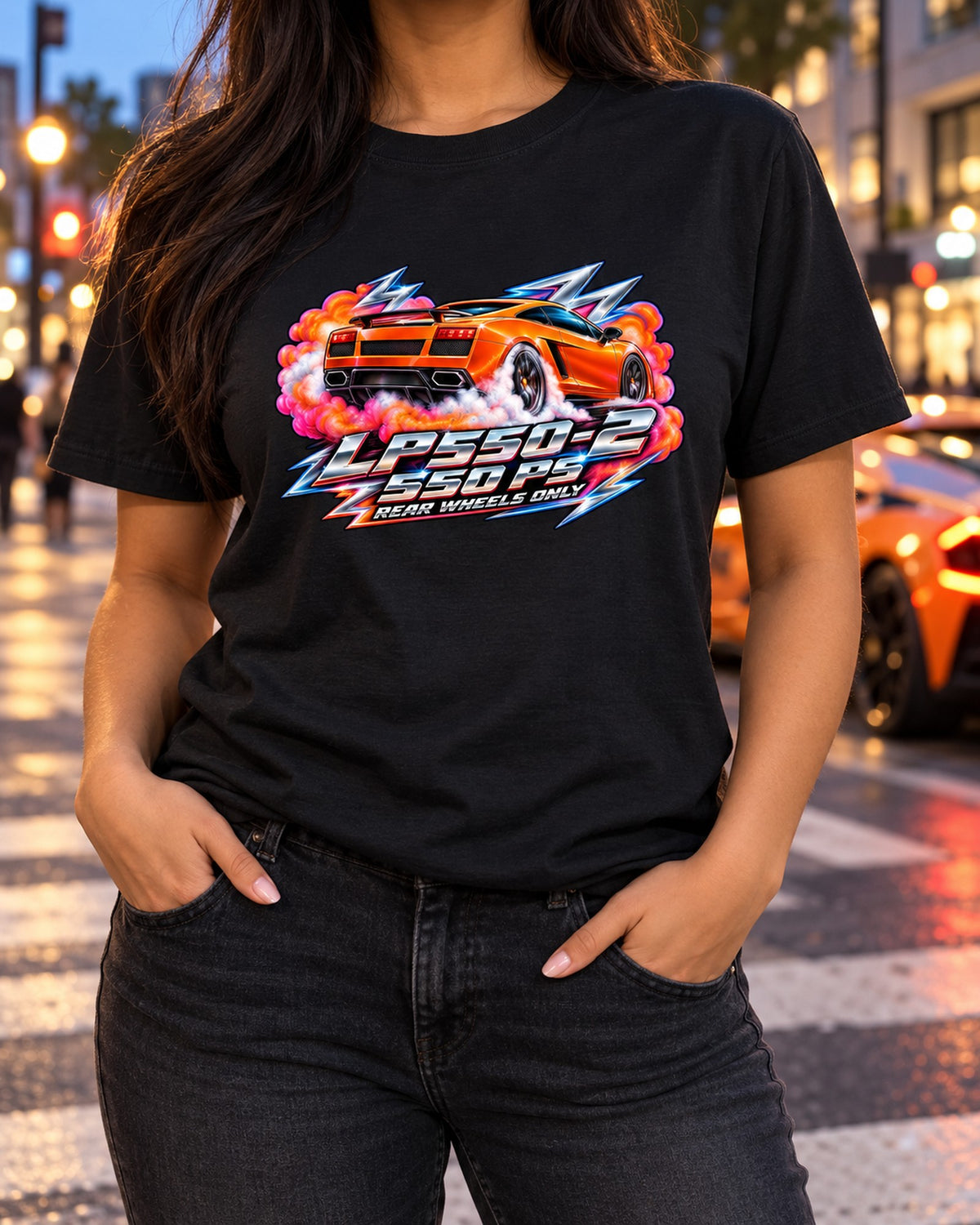 Lamborghini Gallardo LP550-2 80s Airbrush Burnout Shirt T-Shirt Black worn hero