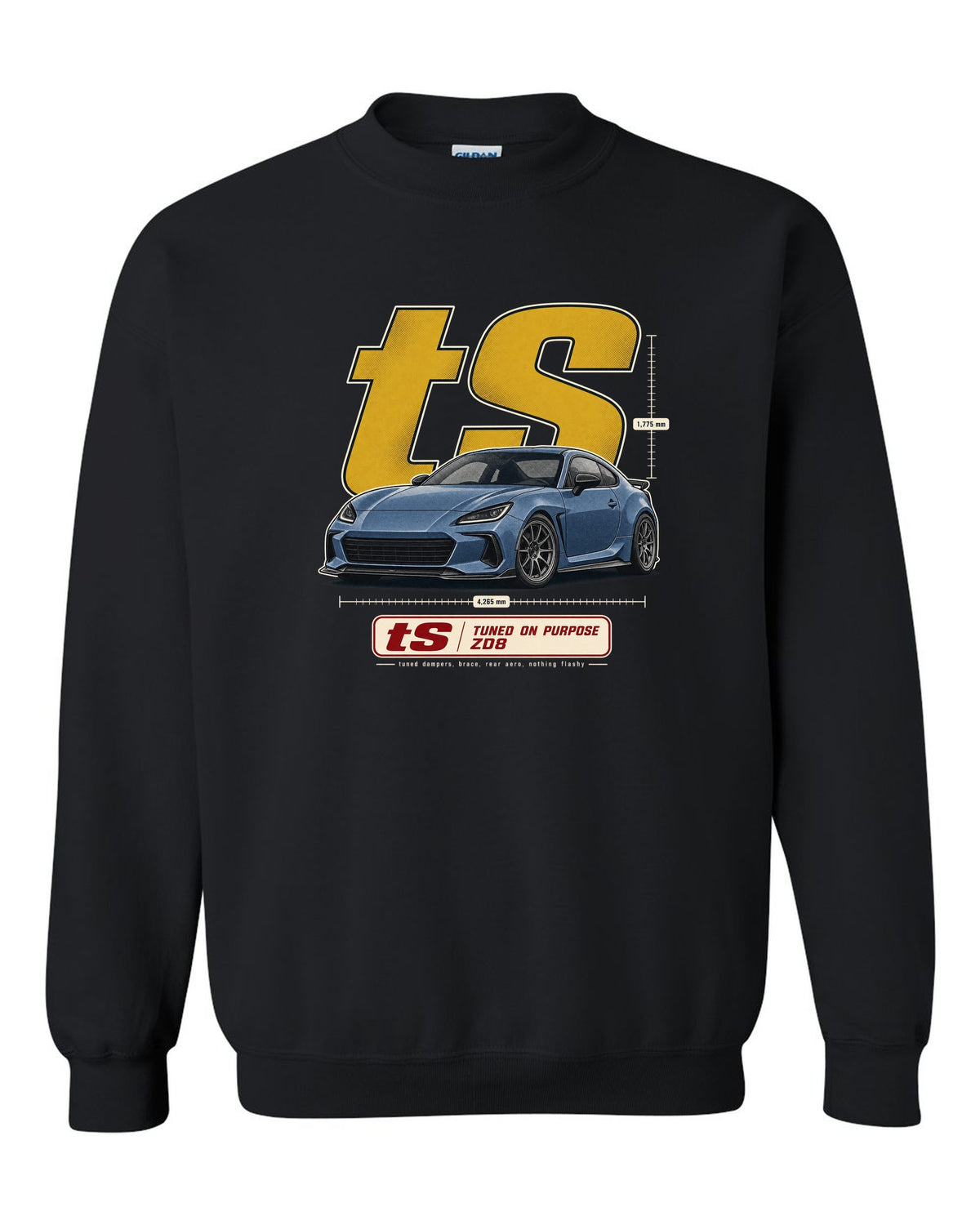 Halftone poster-style print of a Subaru BRZ tS ZD8 with tuning statement lettering black crewneck front view with the design