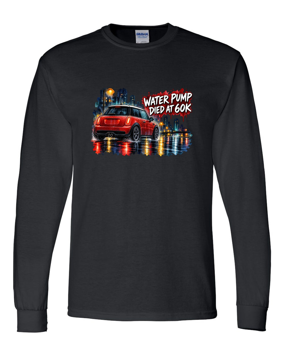 Watercolour night scene of a Mini Cooper S R56 on a wet road black long sleeve front view with the design