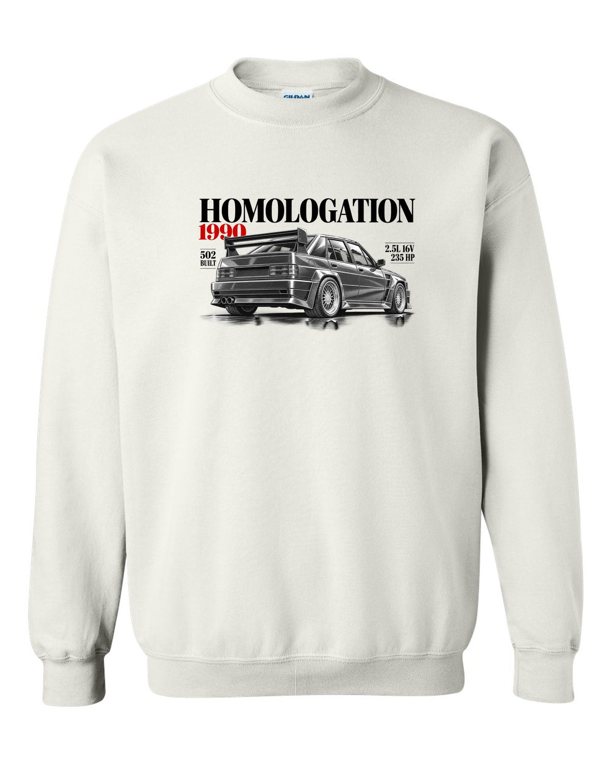 print editorial headline of a Mercedes 190E 2.5-16 Evolution II W201 with homologation 1990 502 built white crewneck front view with the design