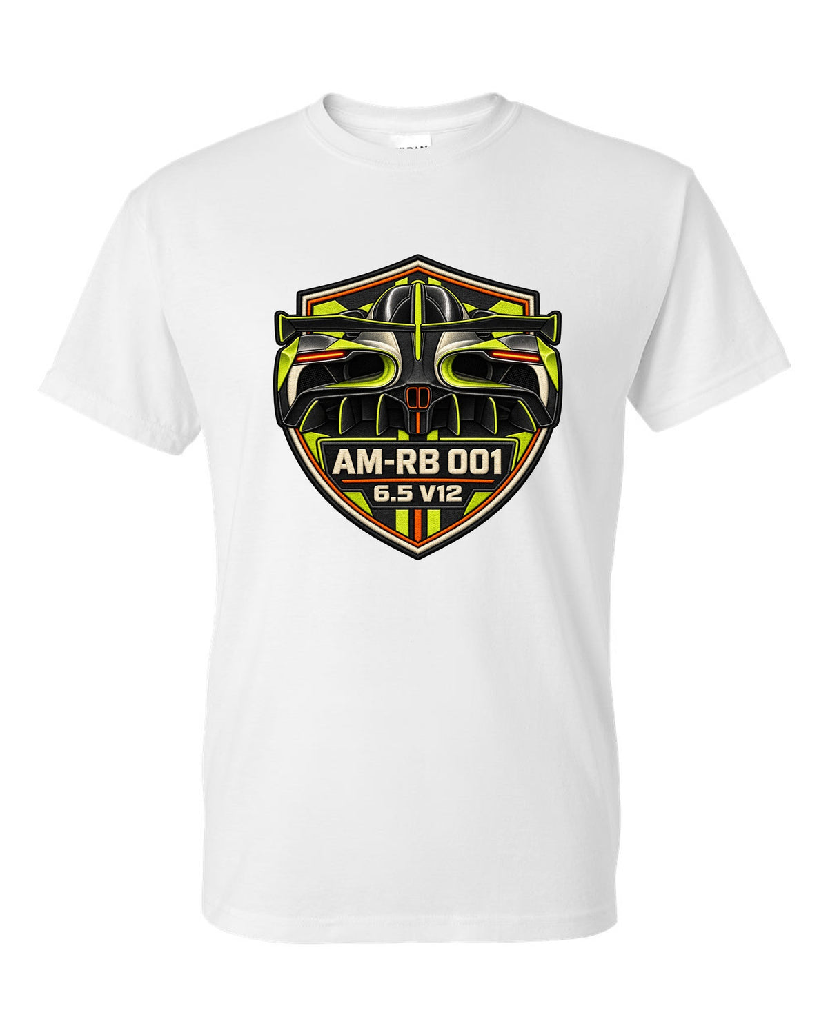 Varsity embroidery-style tunnel print of the 2021 Aston Martin Valkyrie with AM-RB 001 and 6.5 V12 lettering white t-shirt front view with the design