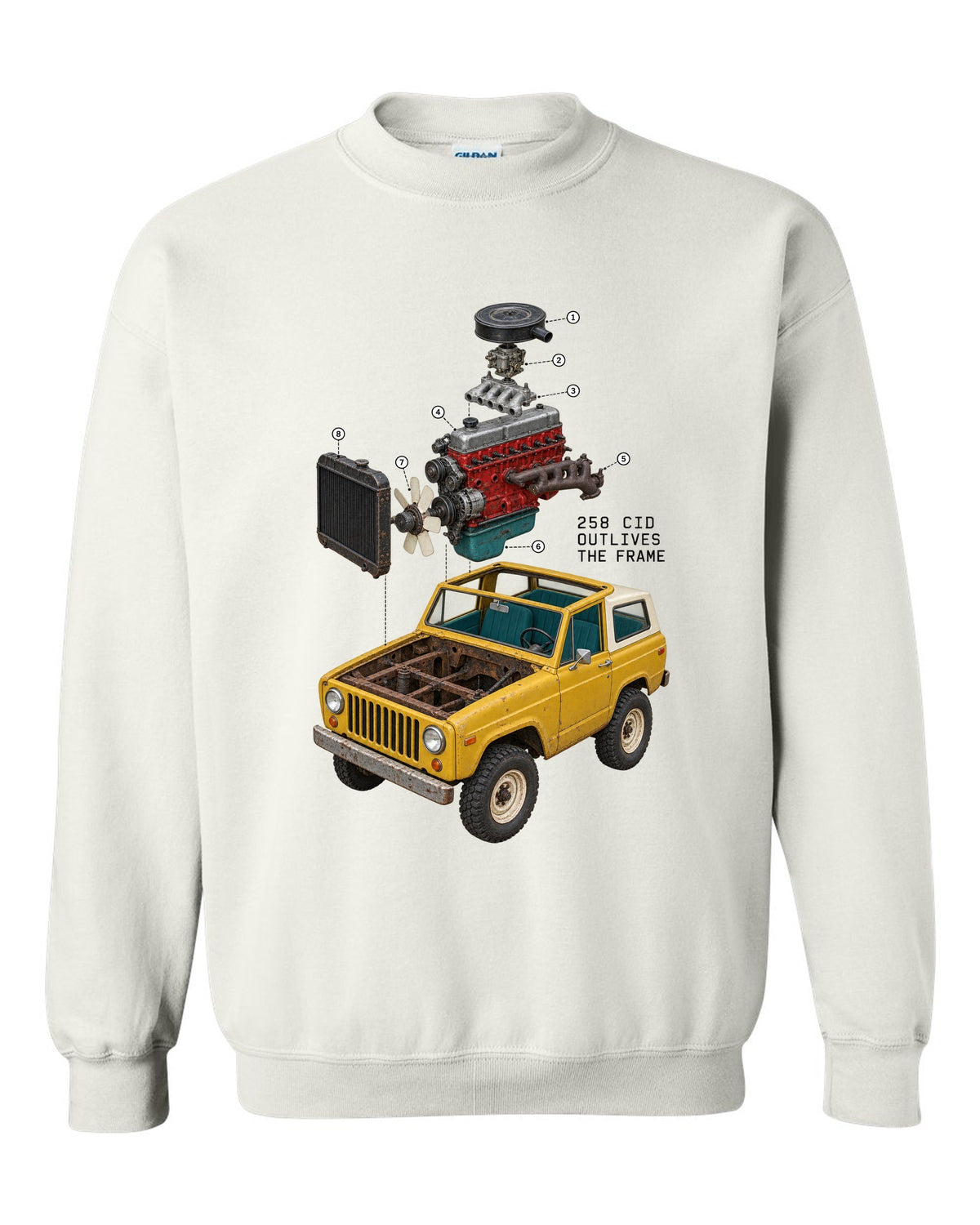 Exploded cutaway engine print of a Jeep CJ-7 258 CID inline-six white crewneck front view with the design