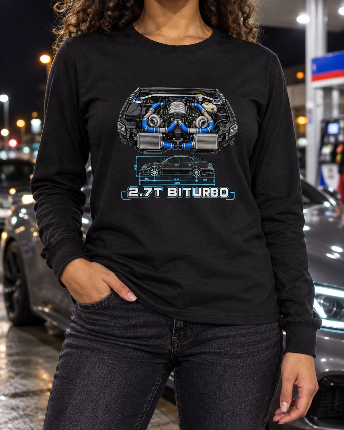 Audi S4 B5 2.7T Biturbo Technical Blueprint Car Shirt Long Sleeve Black worn hero