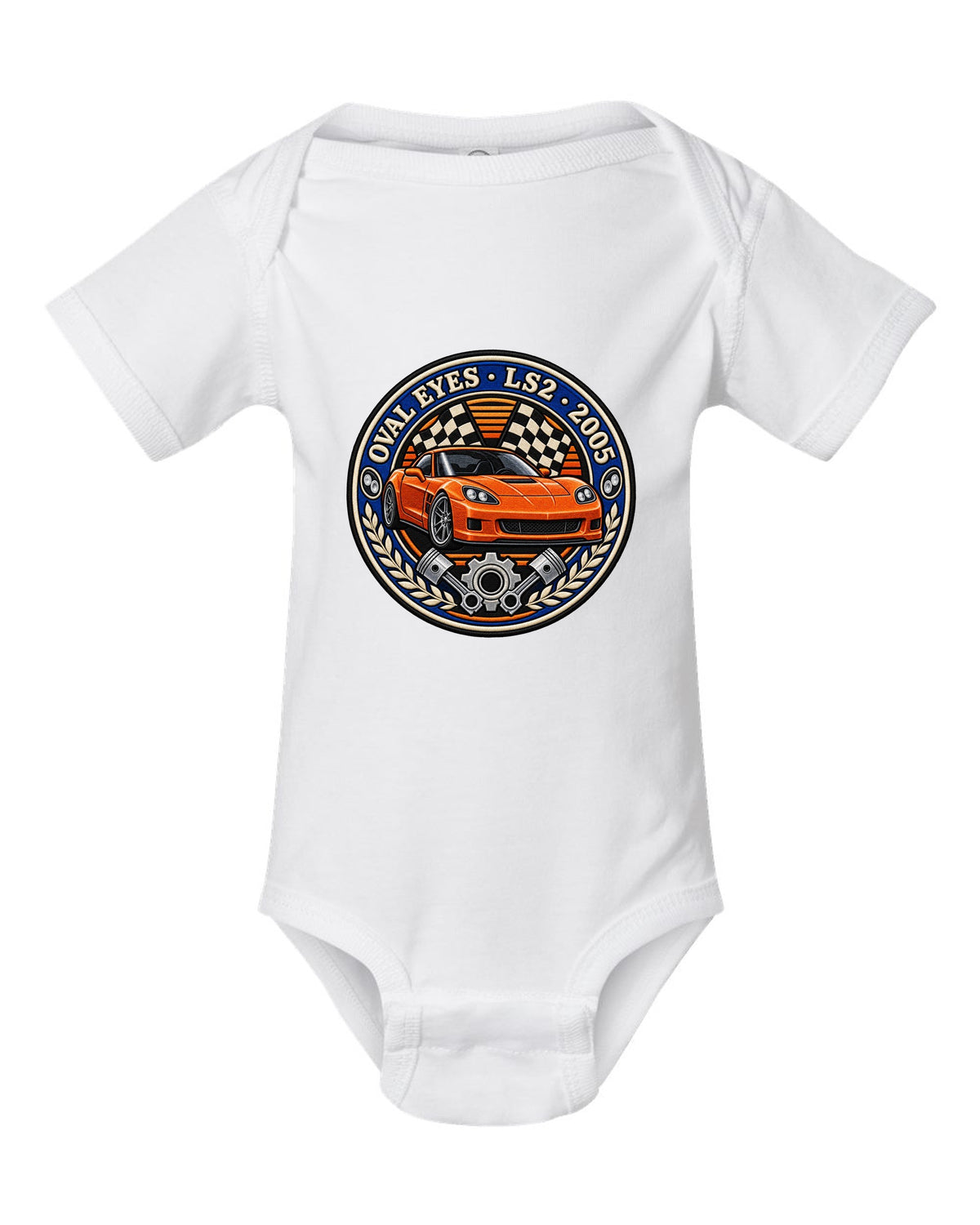 Varsity crest embroidery style print for a 2005 Chevrolet Corvette C6 coupe with Oval Eyes LS2 lettering white baby onesie front view with the design