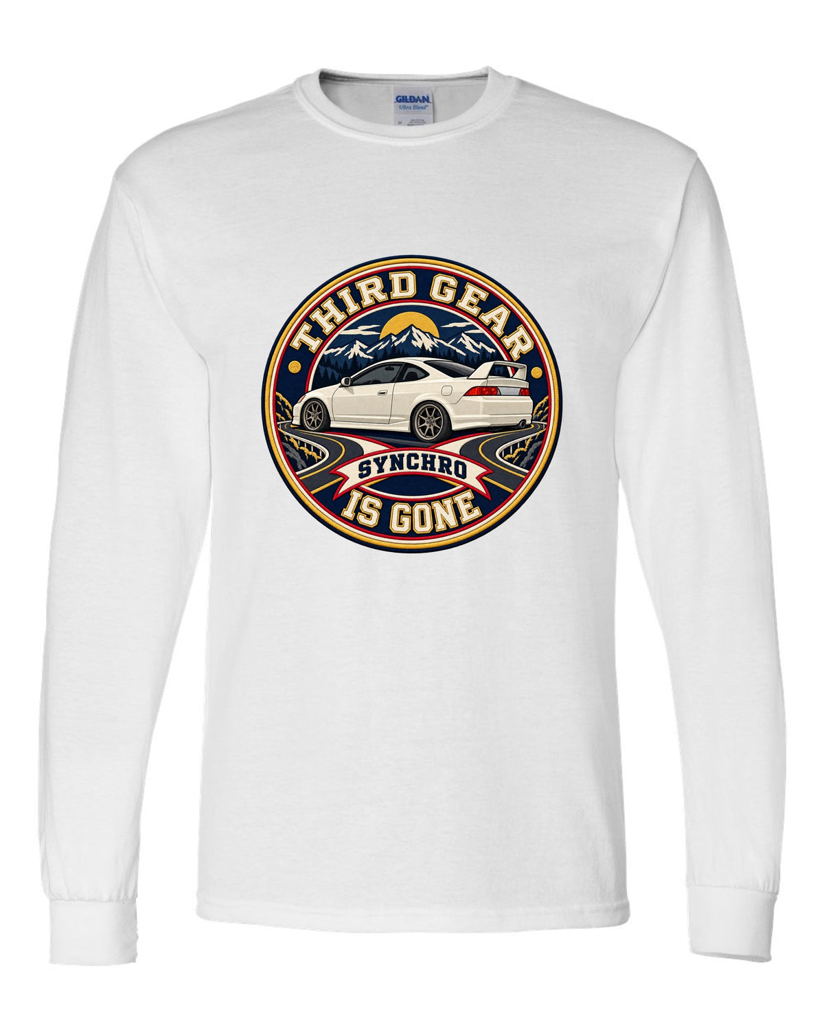 Embroidery patch style print of a 2002 Honda Integra DC5 ch with third gear synchro text white long sleeve front view with the design