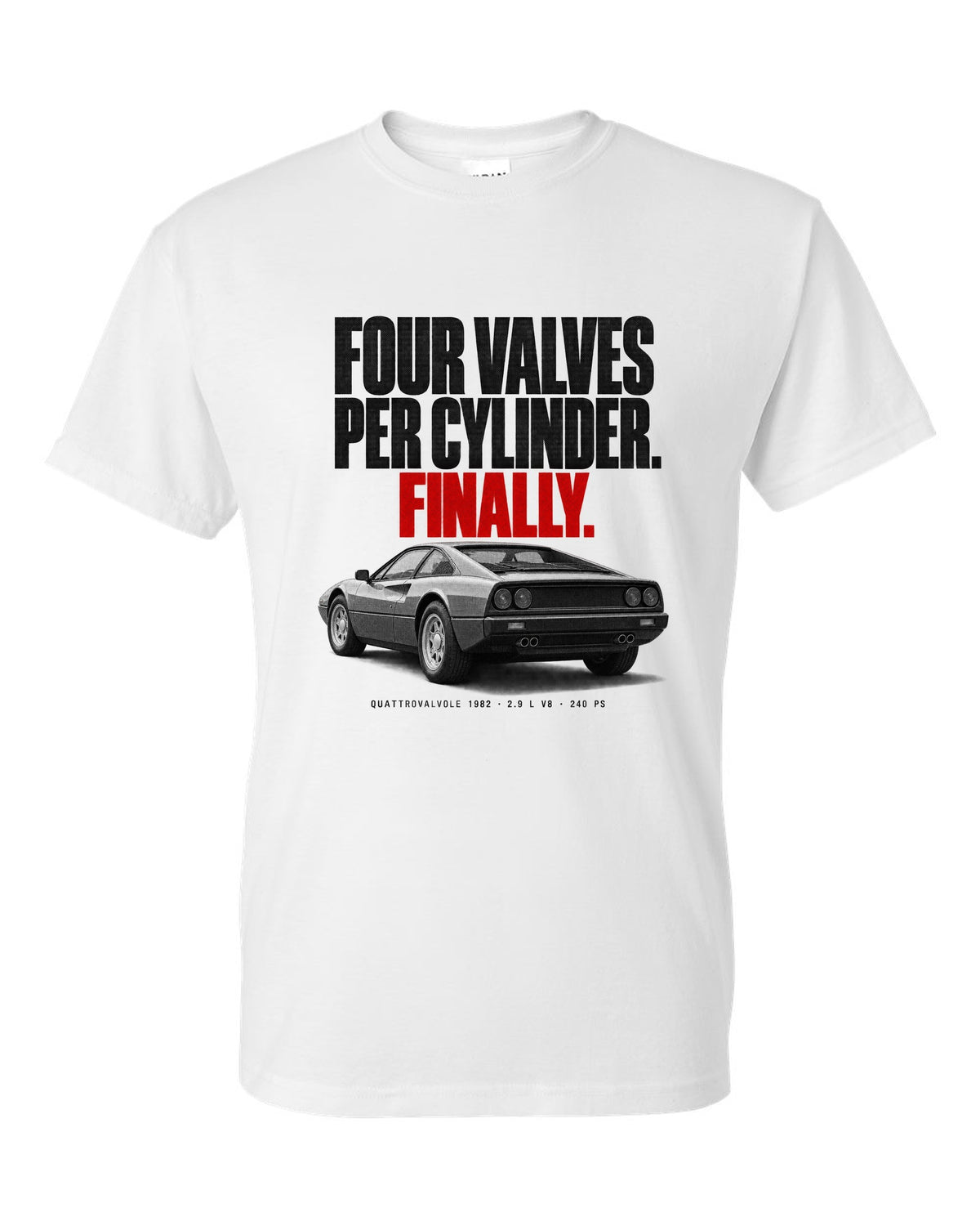 Ferrari 308 GTB Quattrovalvole 1982 rear three-quarter halftone print, four valves per cylinder white t-shirt front view with the design