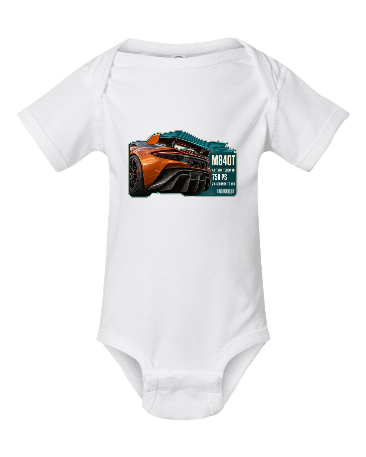 print taillight close-up of a McLaren 750S in burnt orange white baby onesie front view with the design