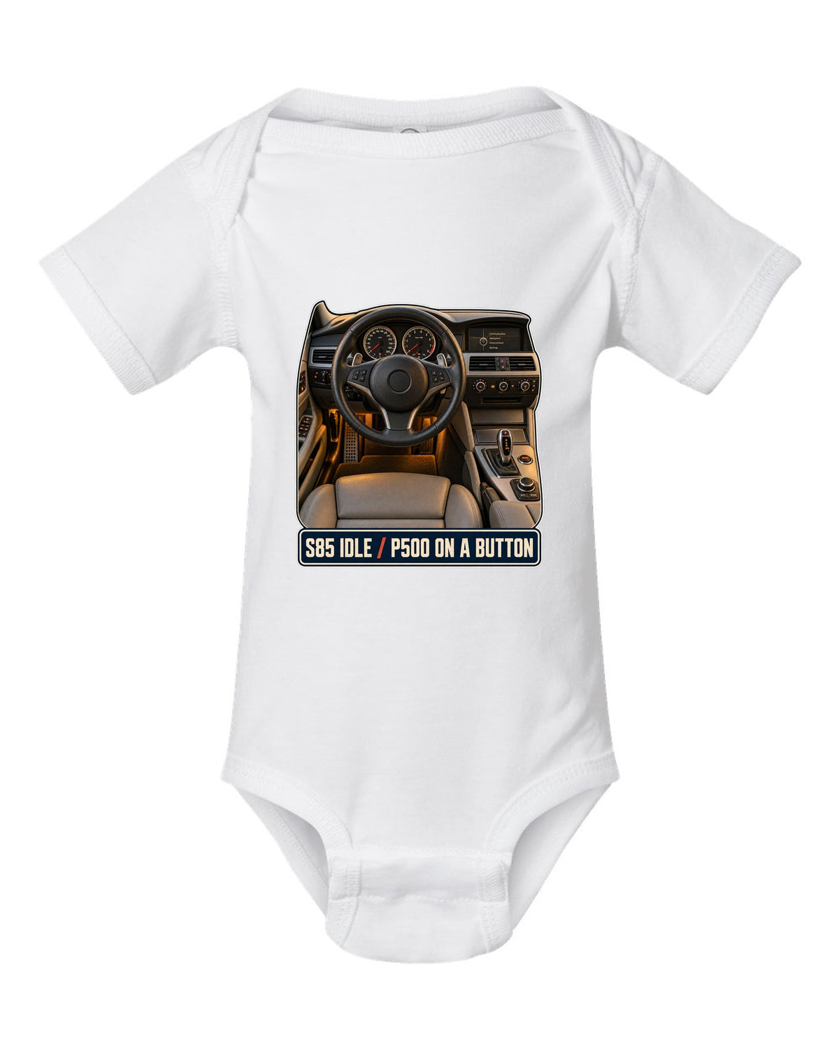 BMW M5 E60 interior cockpit and gauge print white baby onesie front view with the design