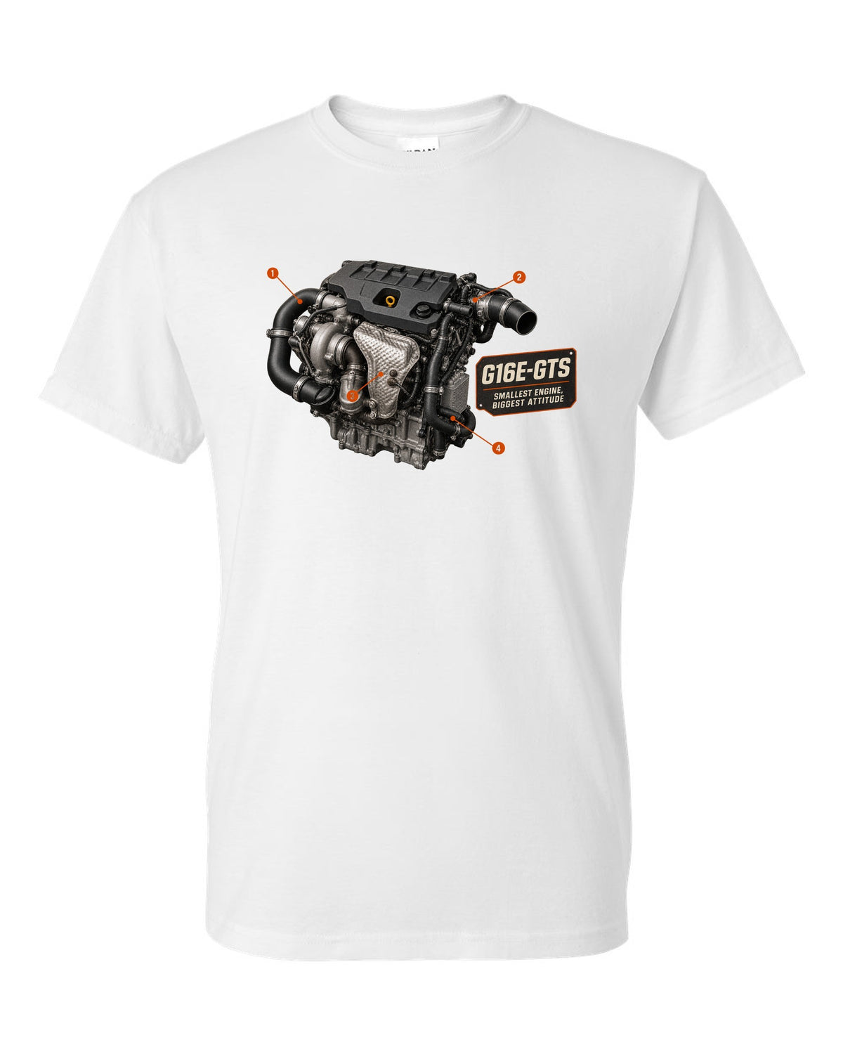 Toyota GR Yaris GR-Four rear three-quarter dossier panel design white t-shirt front view with the design