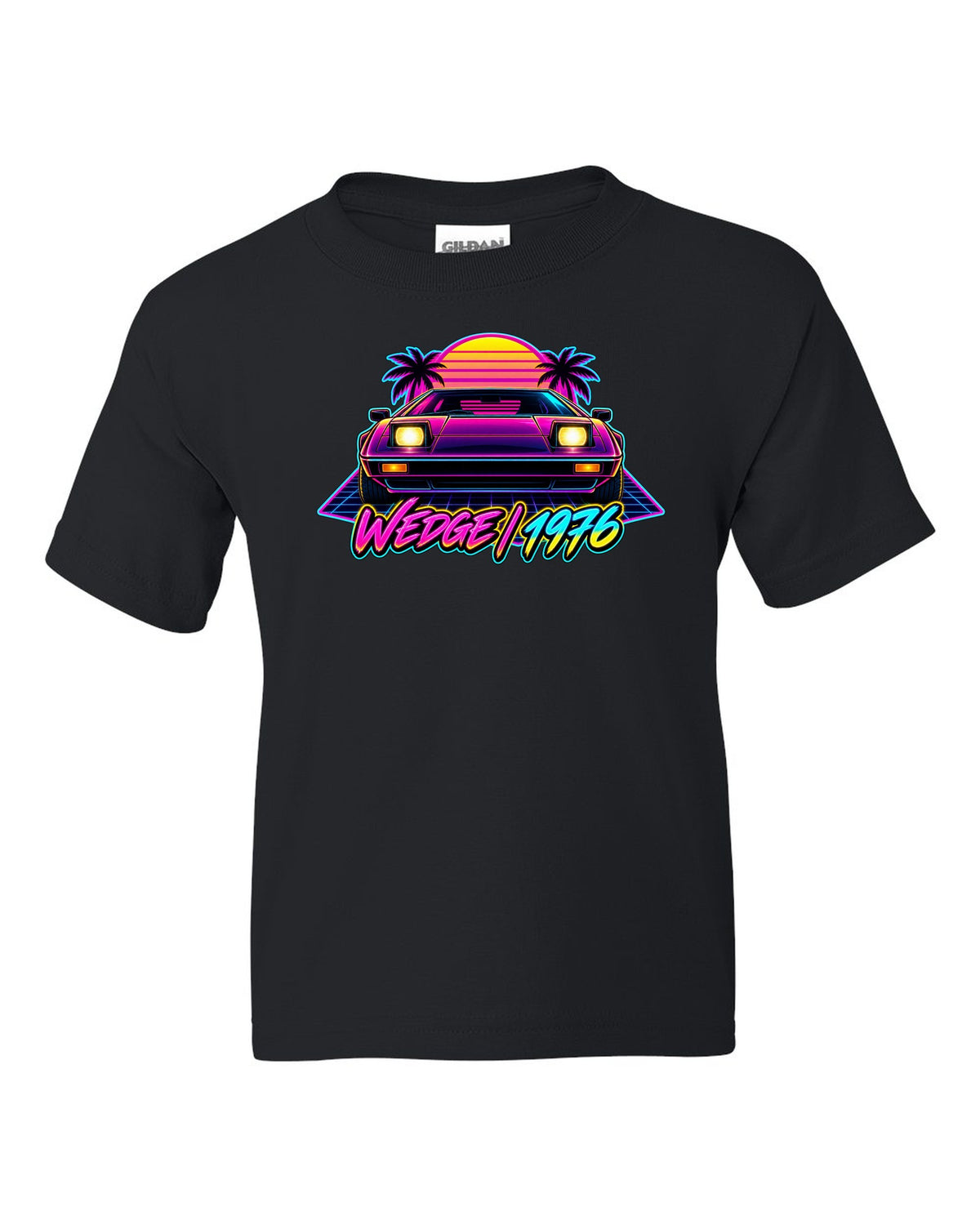 Lotus Esprit 1976 wedge in synthwave neon with WEDGE 1976 lettering black kids tee front view with the design