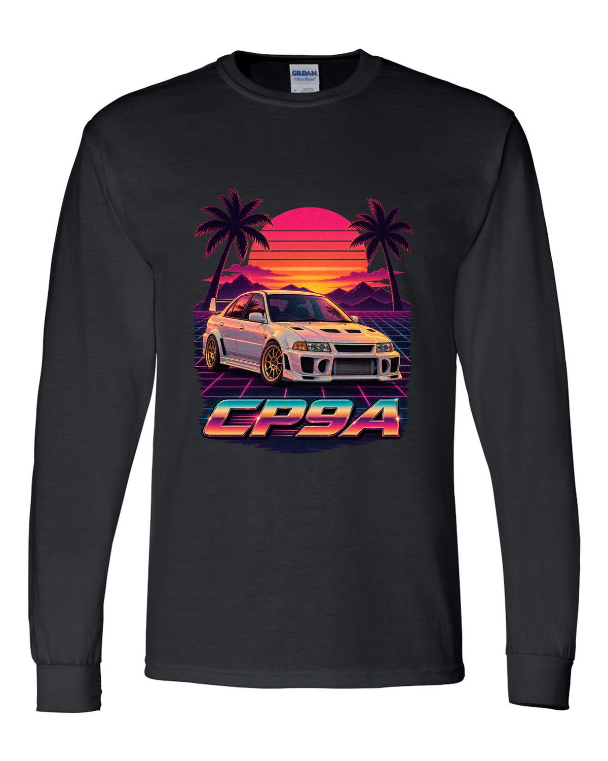 Synthwave sunset poster of a Mitsubishi Lancer Evolution V CP9A with palm trees black long sleeve front view with the design