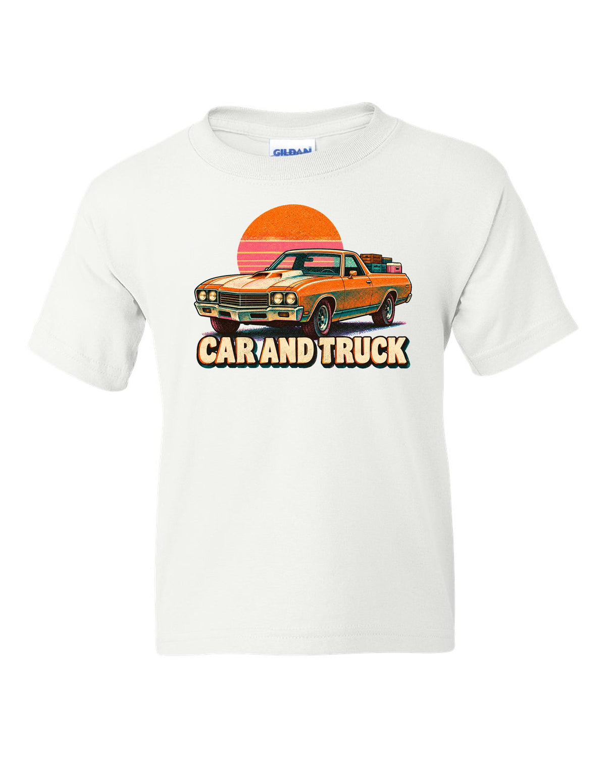 1970 Chevrolet El Camino SS 454 risograph spot-colour print reading Car and Truck white kids tee front view with the design