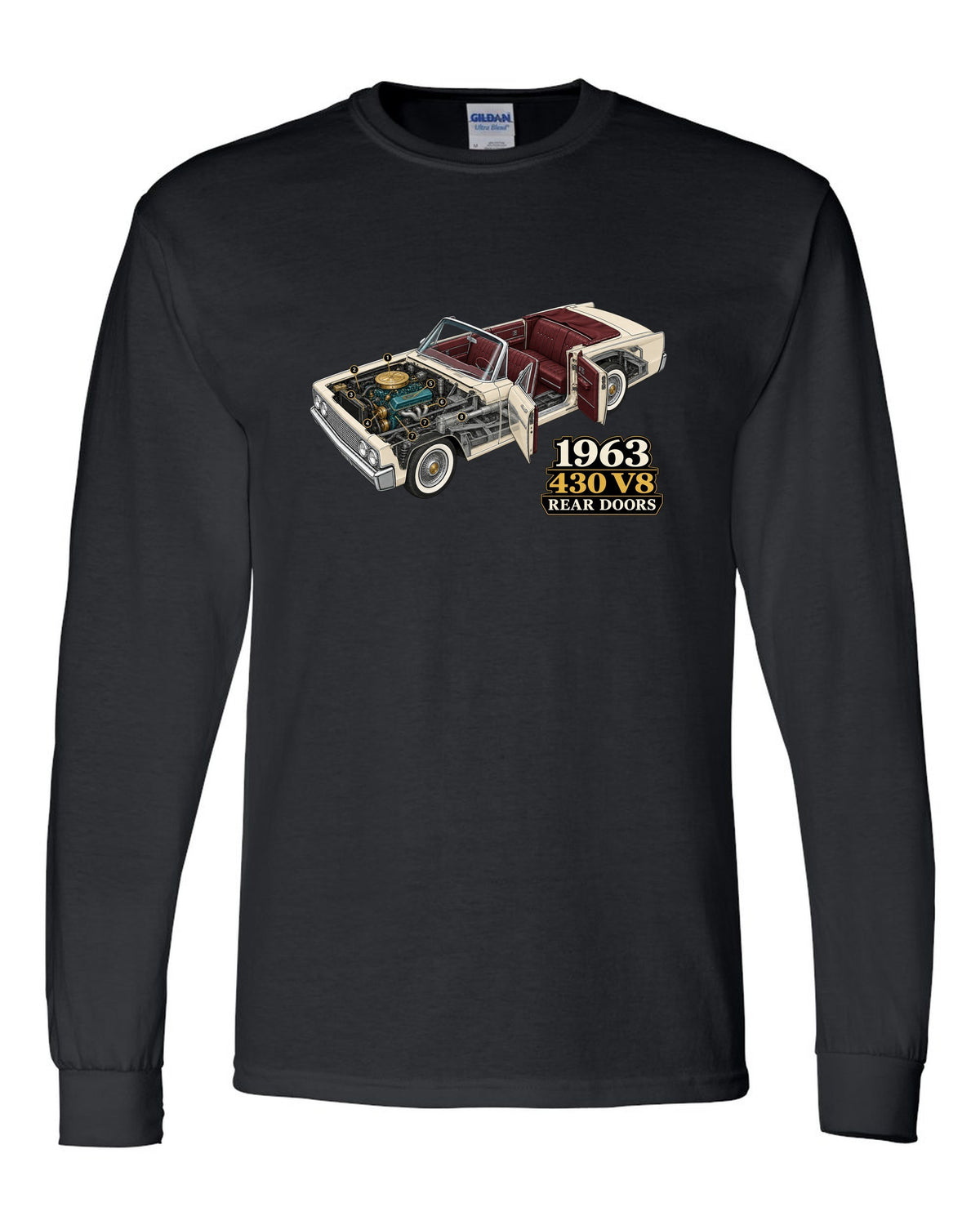 1963 Lincoln Continental four-door convertible isometric cutaway diagram black long sleeve front view with the design