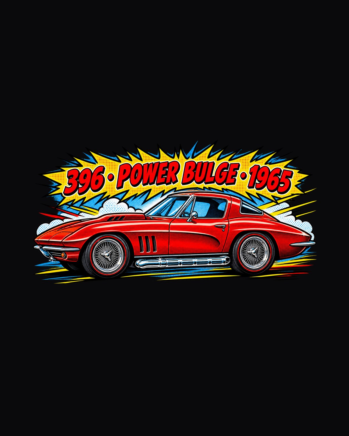 1965 Corvette C2 Sting Ray Side Pipe Comic Shirt, 396 Power Bulge design only