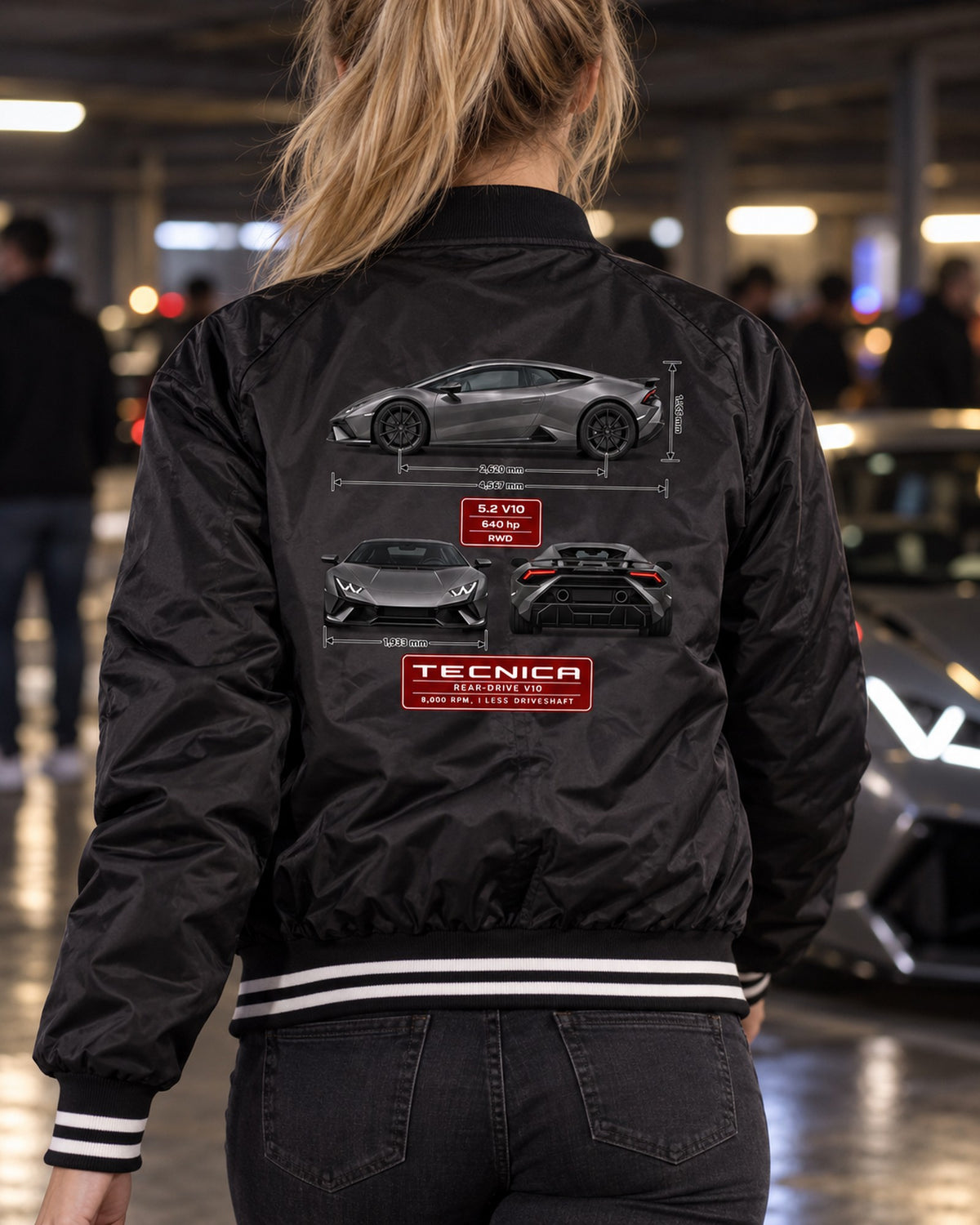 Lamborghini Huracan Tecnica Three-View Spec Table Shirt Bomber Jacket Black worn hero