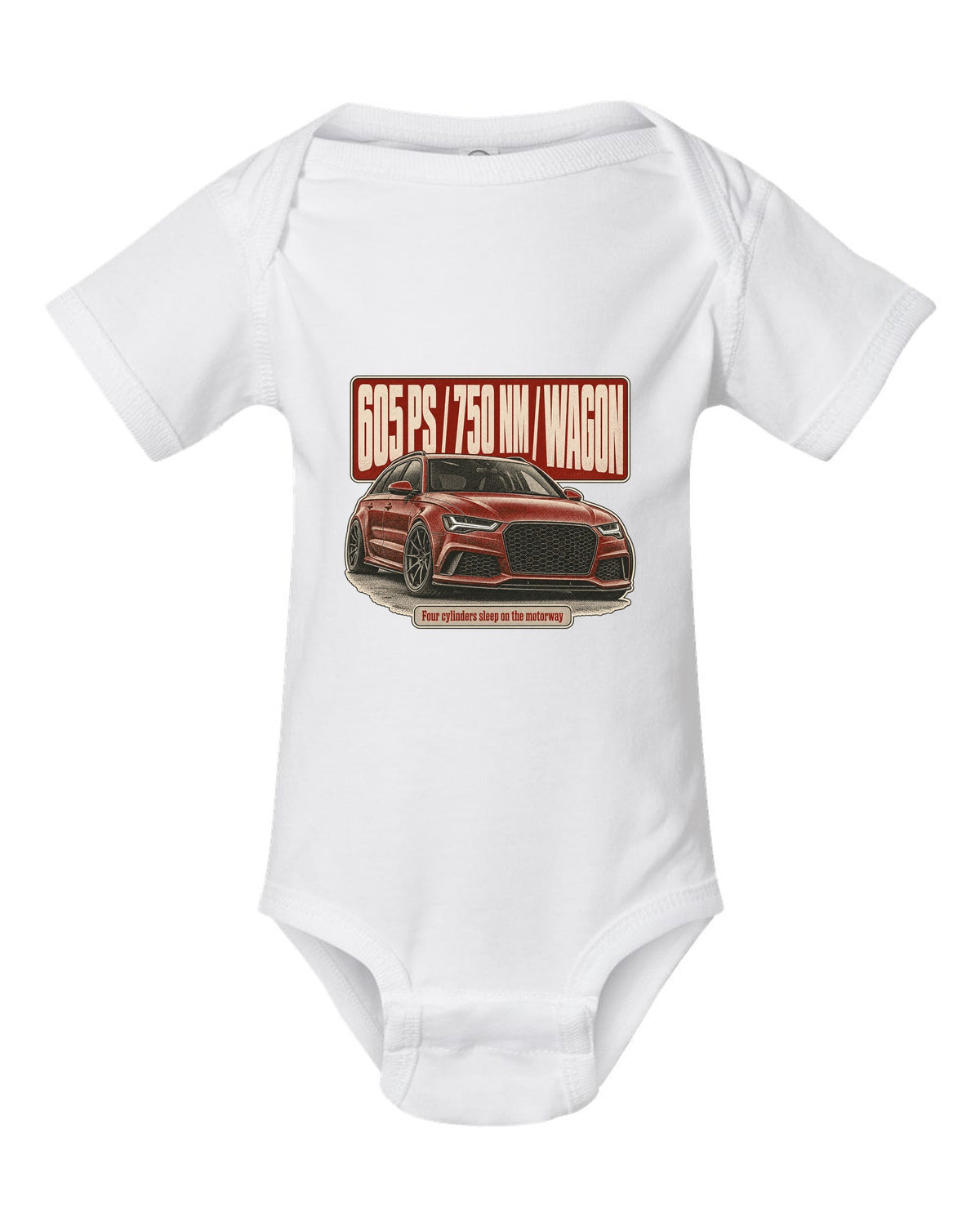 Audi RS6 Avant Performance C7 halftone statement print with 605 PS white baby onesie front view with the design