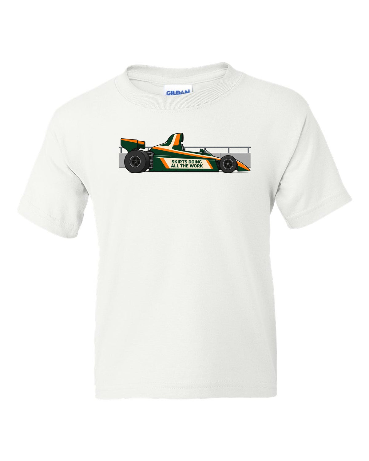 Flat vector Lotus 79 Formula 1 car with the lettering skirts doing all the work white kids tee front view with the design