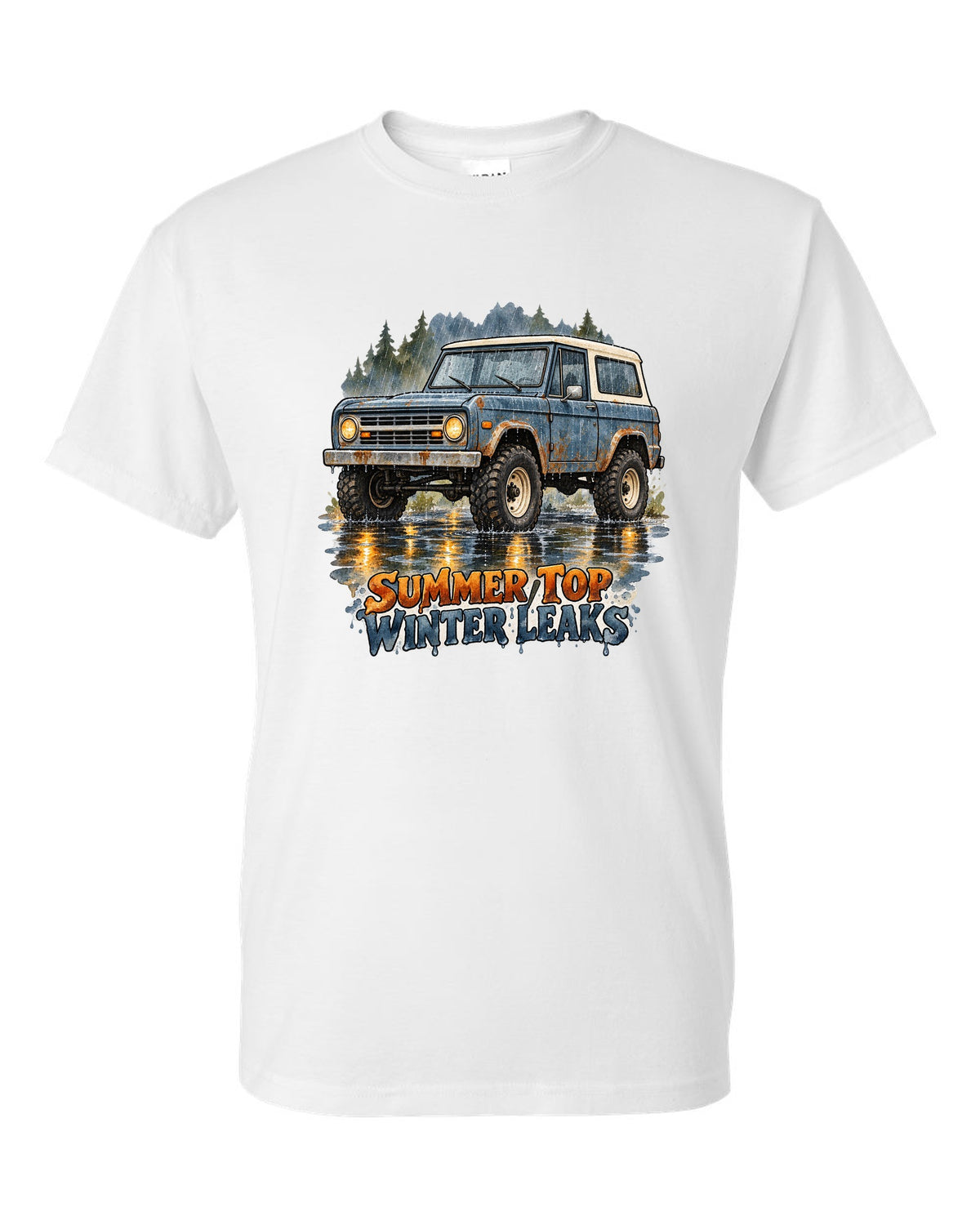 Watercolour wash print of a 1969 first-generation Chevrolet K5 Blazer with summer top winter leaks text white t-shirt front view with the design