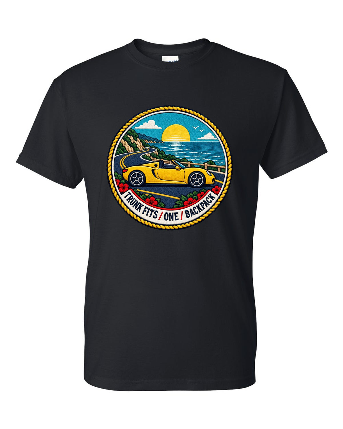 Varsity crest design for the Toyota MR2 W30 MR-S open roadster black t-shirt front view with the design