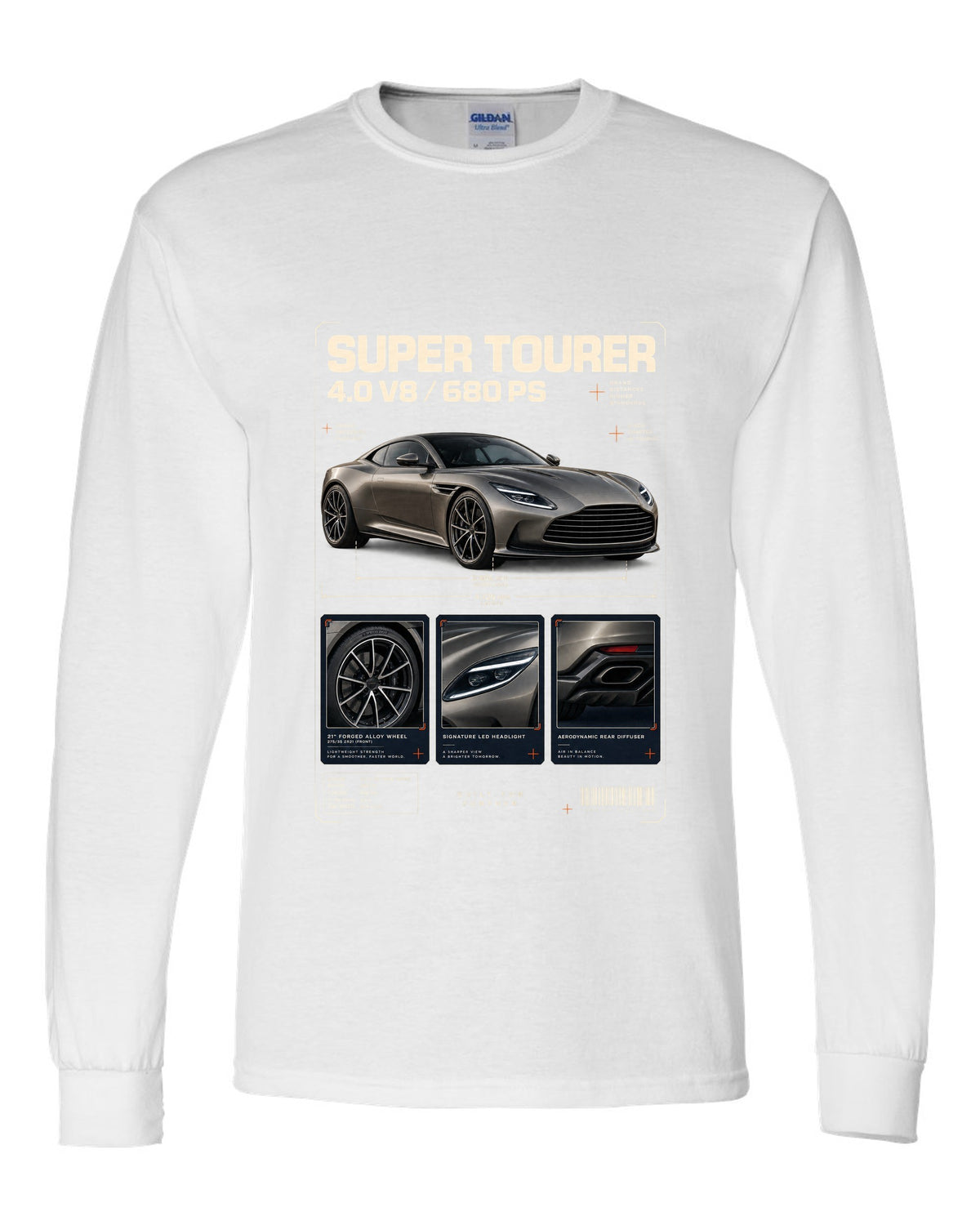 Aston Martin DB12 2023 dossier panels print with super tourer 4.0 V8 680 PS text white long sleeve front view with the design