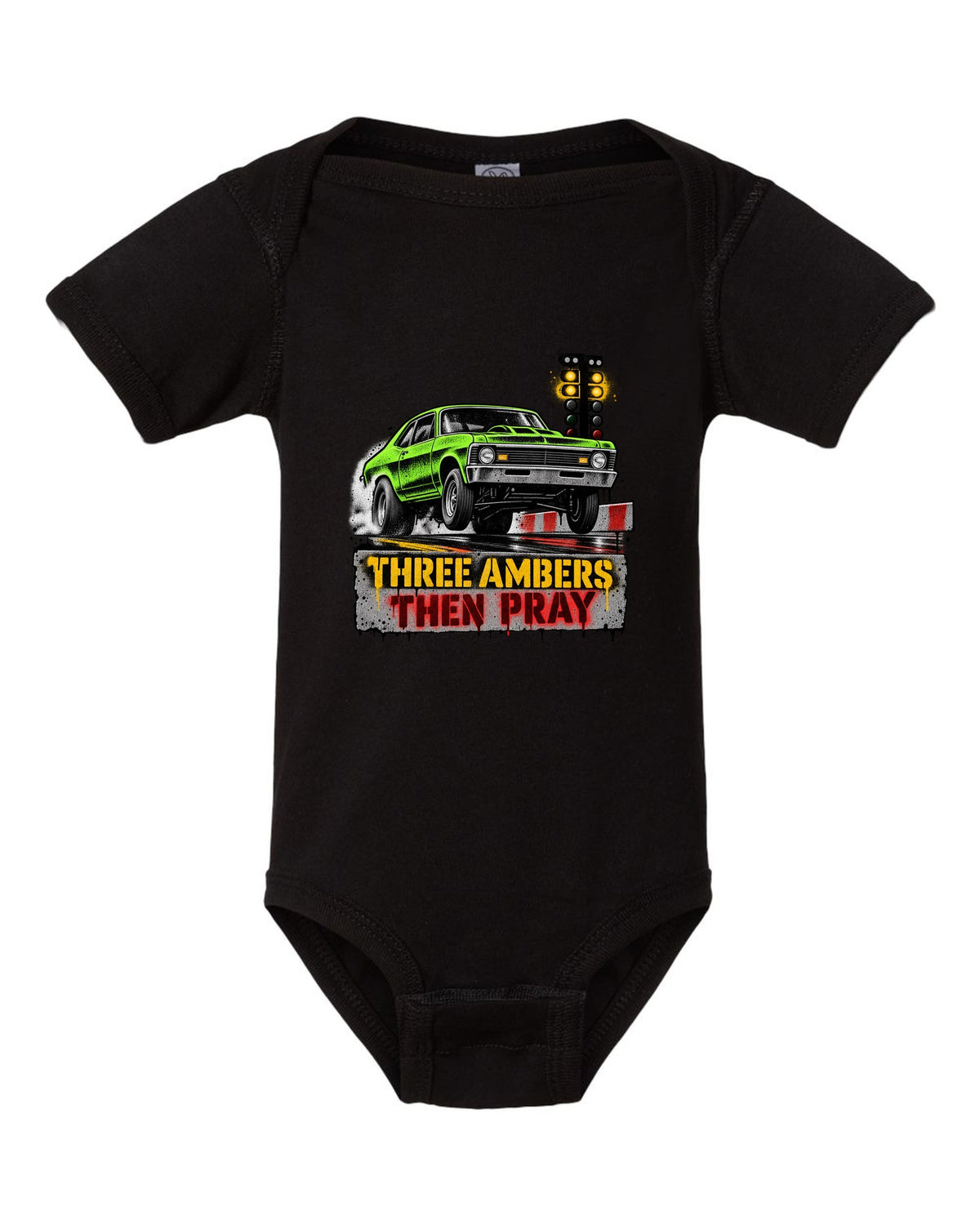 Stencil spray street art of a 1971 Chevrolet Nova at the drag strip starting line black baby onesie front view with the design