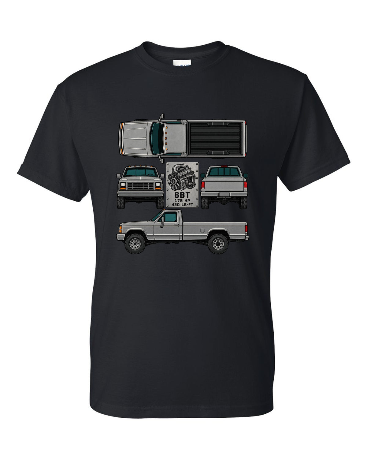 Spec-sheet data plate print of a Dodge Ram D250 6BT Cummins with horsepower and torque black t-shirt front view with the design