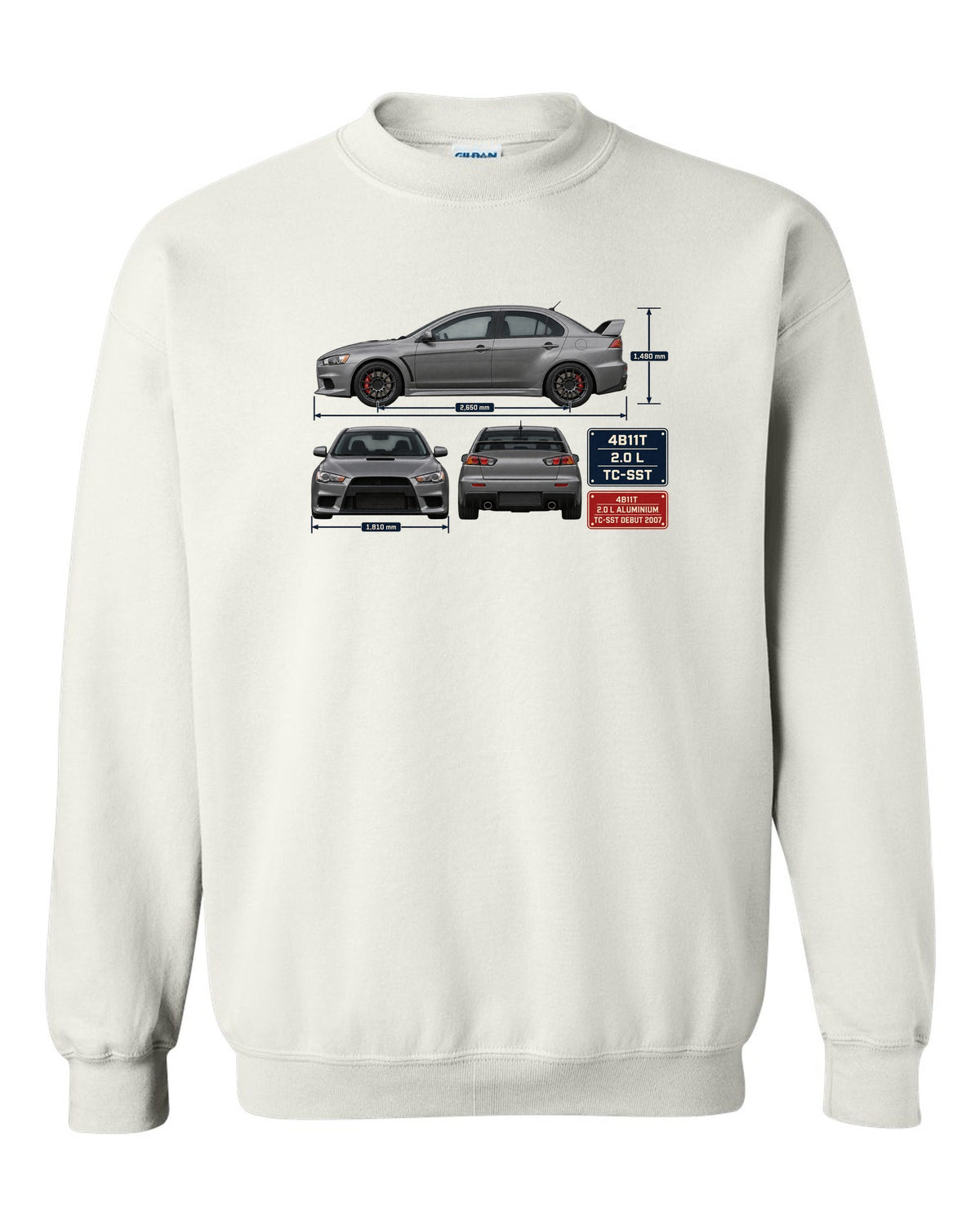 Evo X GSR Three-View Spec Table Tee, Mitsubishi Lancer white crewneck front view with the design