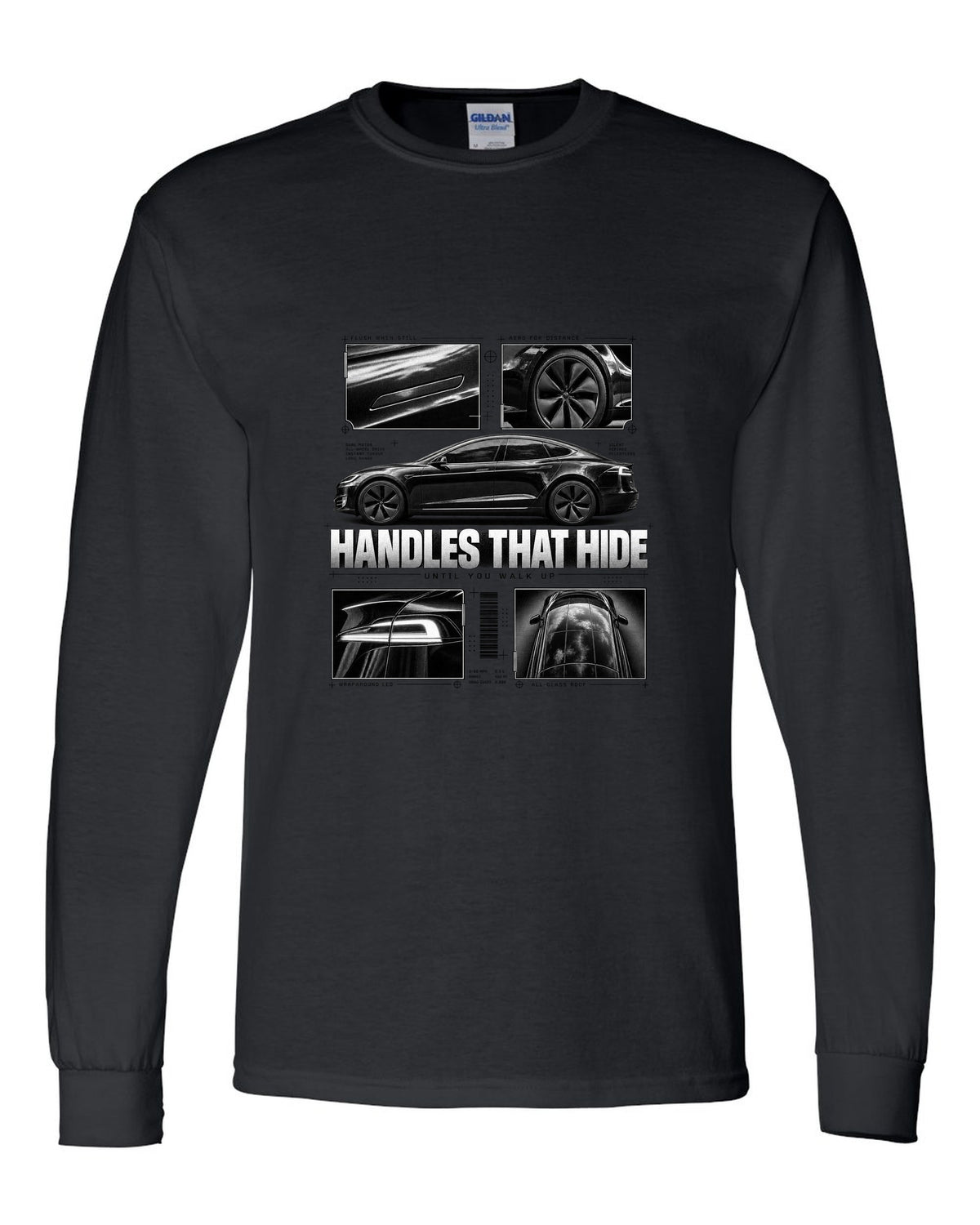 Tesla Model S Raven Side Profile Dossier black long sleeve front view with the design
