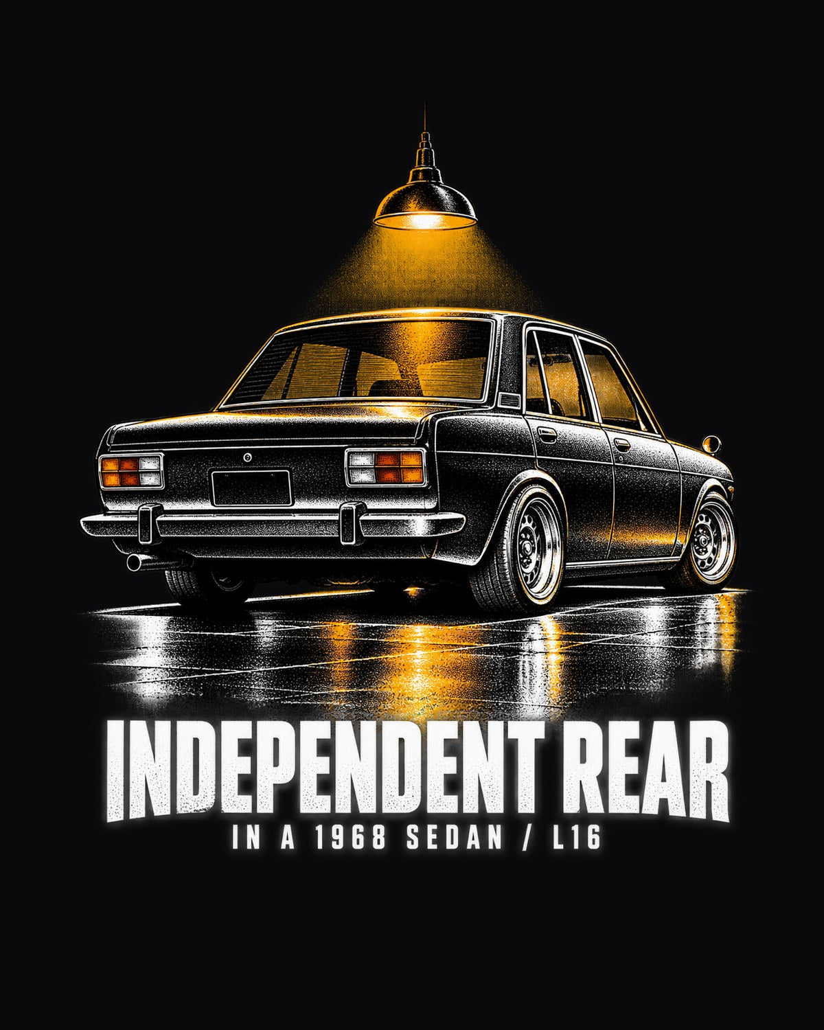 Datsun 510 PL510 Sedan Rear 3/4 Garage Night Tee, L16 Print design only