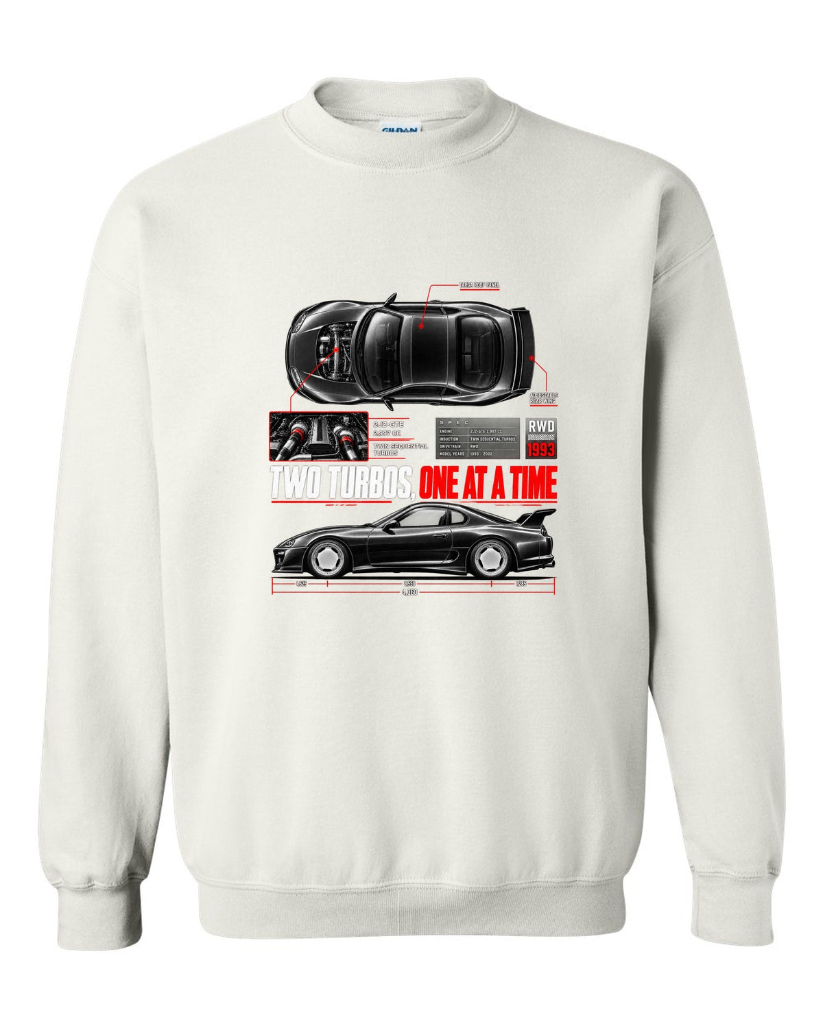 Spec poster print of a Toyota Supra A80 JZA80 with 2JZ-GTE lettering white crewneck front view with the design