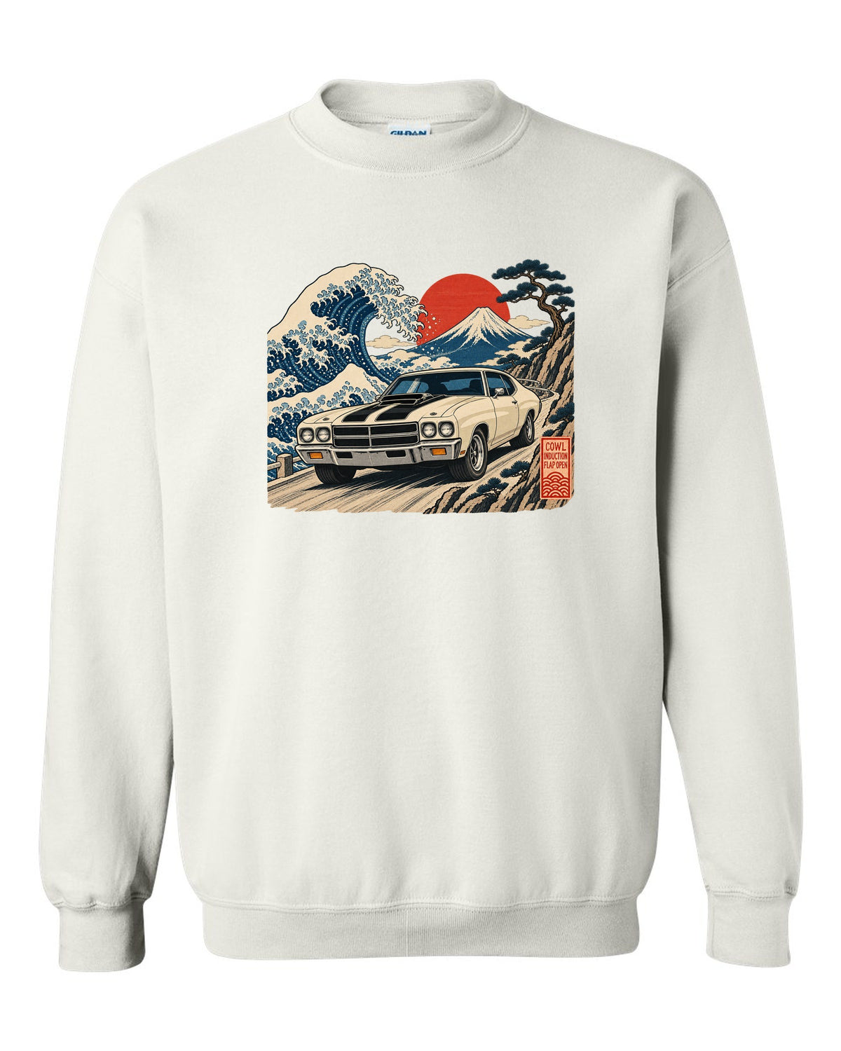 Ukiyo-e woodblock print of a 1970 Chevelle SS with the text Cowl Induction, Flap Open white crewneck front view with the design