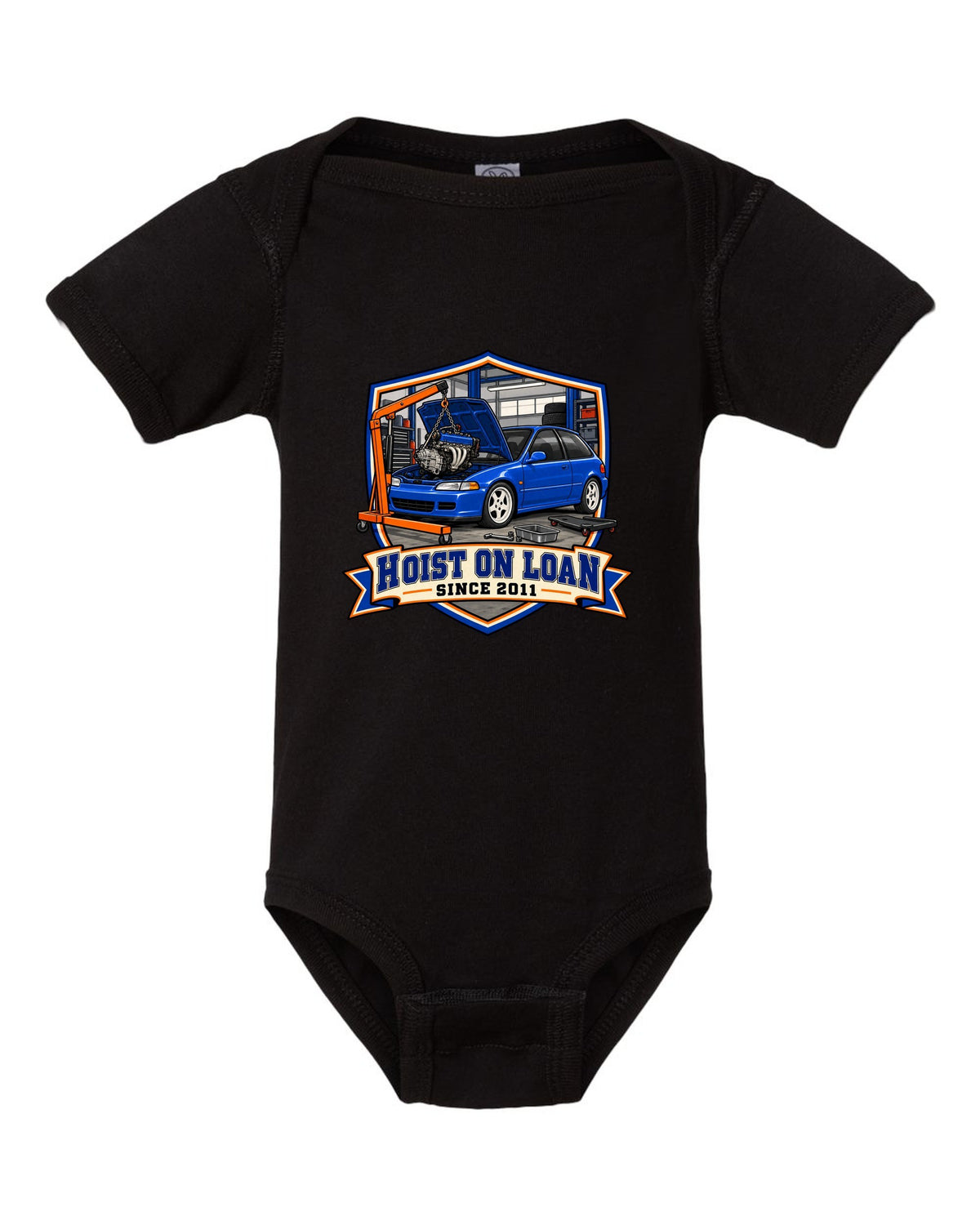 Embroidery patch style print of a 1992 Honda Civic EG6 ch with hoist on loan since 2011 text black baby onesie front view with the design