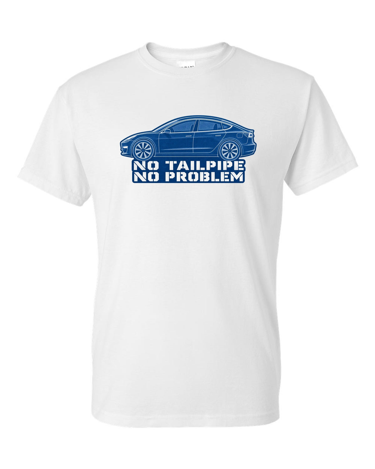 Cyanotype negative blueprint of a 2017-2023 Tesla Model 3 with the words No Tailpipe No Problem white t-shirt front view with the design