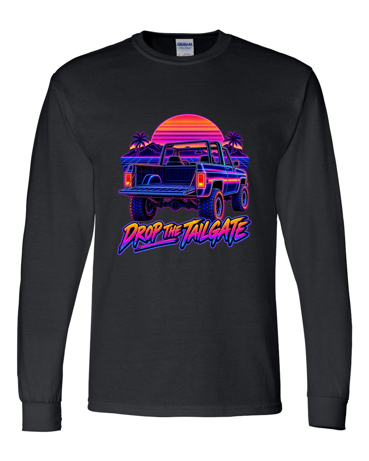 Neon synthwave line art of a 1973-1991 Chevrolet K5 Blazer tailgate with DROP THE TAILGATE text black long sleeve front view with the design