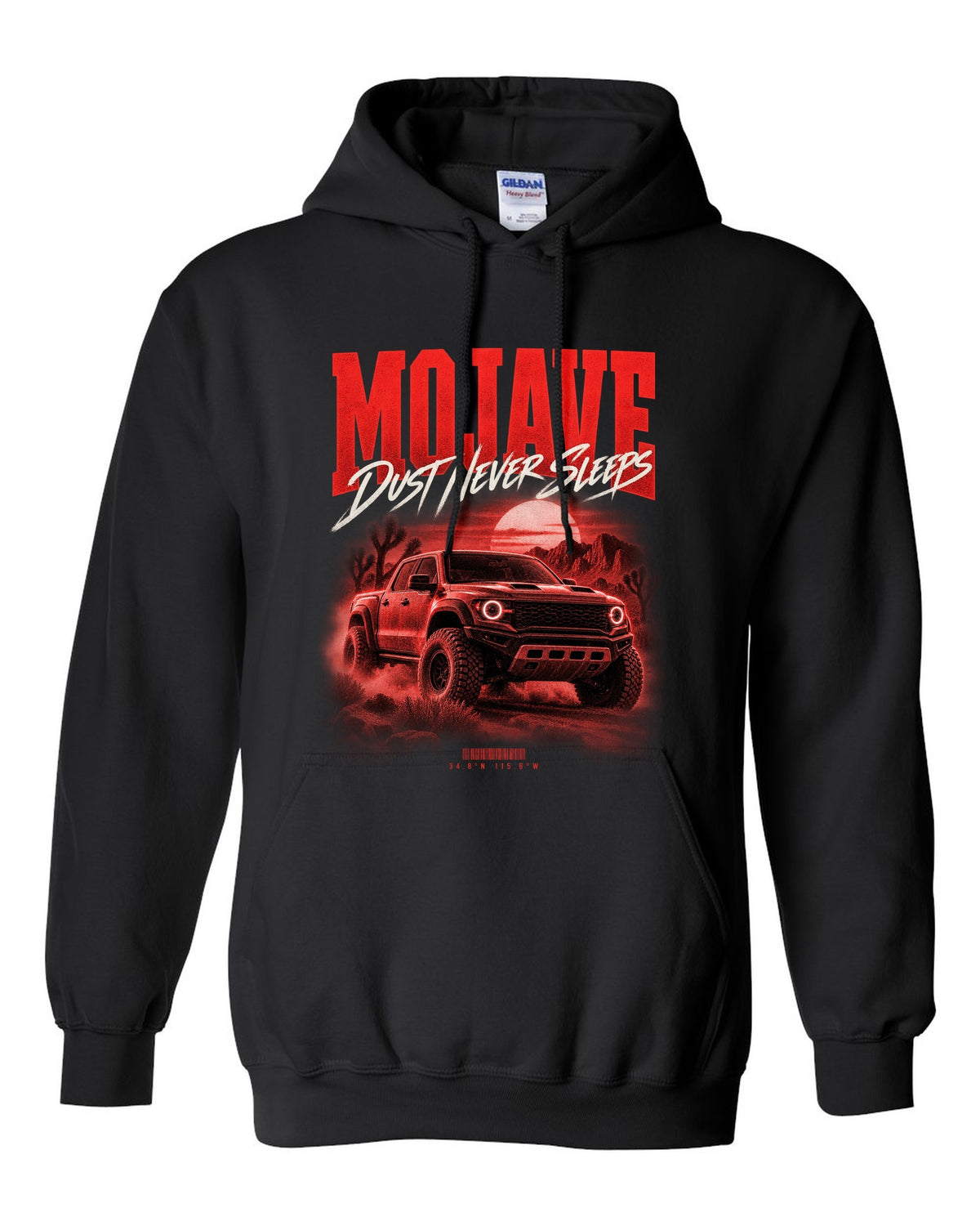 Jeep Gladiator JT Mojave street poster print with desert coordinates black pull over hoodie front view with the design
